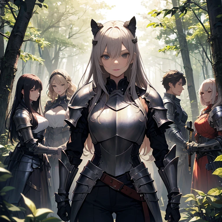 A group of  female knights, (in forest), various hair styles, harem, wearing armored clothes, metal armor, night, details face, trousers, seducing, sword,