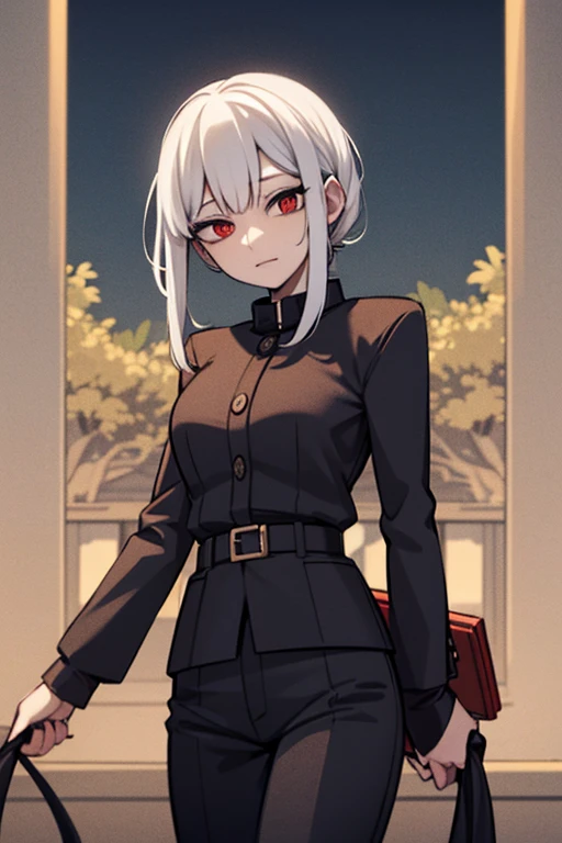 Masterpiece, Best quality, High accuracy, 1girl, Single, Kocho Shinobu, Red eyes, White hair, short hair, Parted bangs, Black pants, Black jacket, long sleeves, belt, Cowboy shot, forest, a night, Qamar