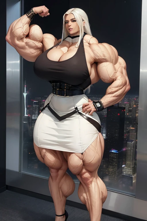 ((((Massive tall, beautiful, buff, brown skinned, muscular woman with white hair, ginormous bulky muscles and wearing a white double-breasted business outfit and black skirt)))), close view, vascular, massive muscle, massive biceps, hyper muscle shoulders, vascular shoulders, hyper muscle triceps, ((long straight white hair)), blue eyes, double-breasted business suit, high heel shoes, smile, ((in the sears tower)), evening, Vascular arms, hyper vascular arm, hyper muscles arms, hyper muscle legs, massive buff arms.