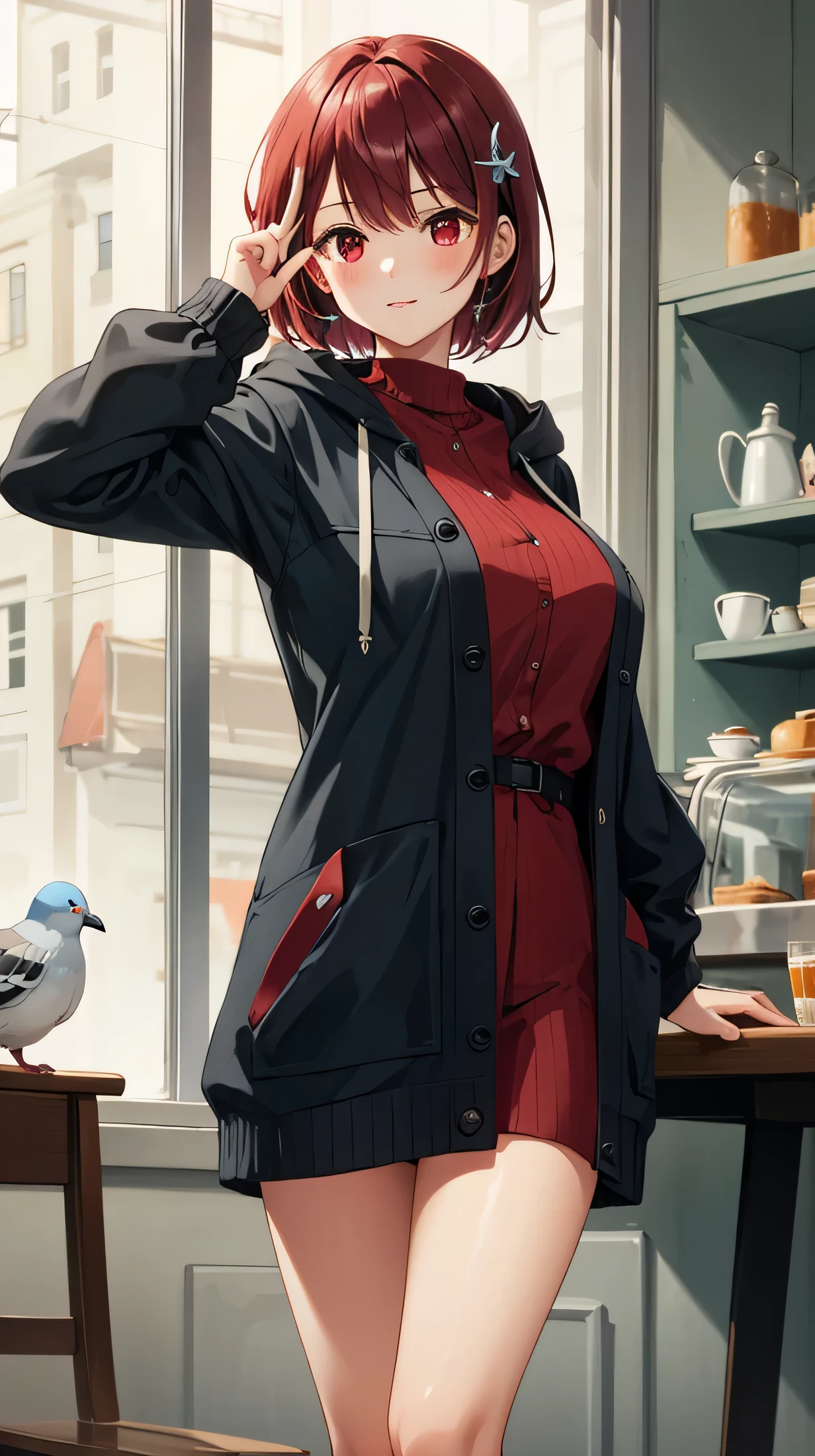 cute,cute,
1 girl, alone,
cranberry hair, pixie cut, bangs, hair ornaments,
red eyes,
point finger,
Close a view, from a pigeon,
Severe,
Oversized cardigan with patch pockets and hood,
big breasts,
BREAK The background is a cafe,Gemini,