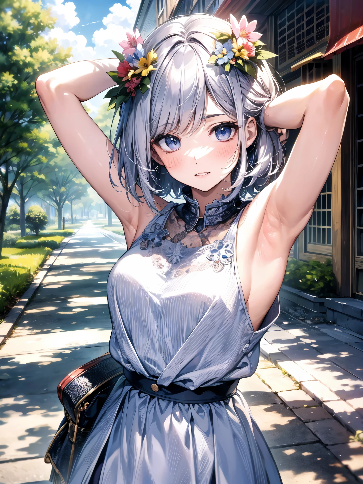 Close-up、silver hair、straight short hair、cute、summer:1.3、shirt:1.3、、skirt(((Highest image quality、High resolution、masterpiece、one woman)))、(((showing armpits:1.3)))、(((embarrassing:1.3、)))、(((cute)))、flower、everyday scenery:1.3