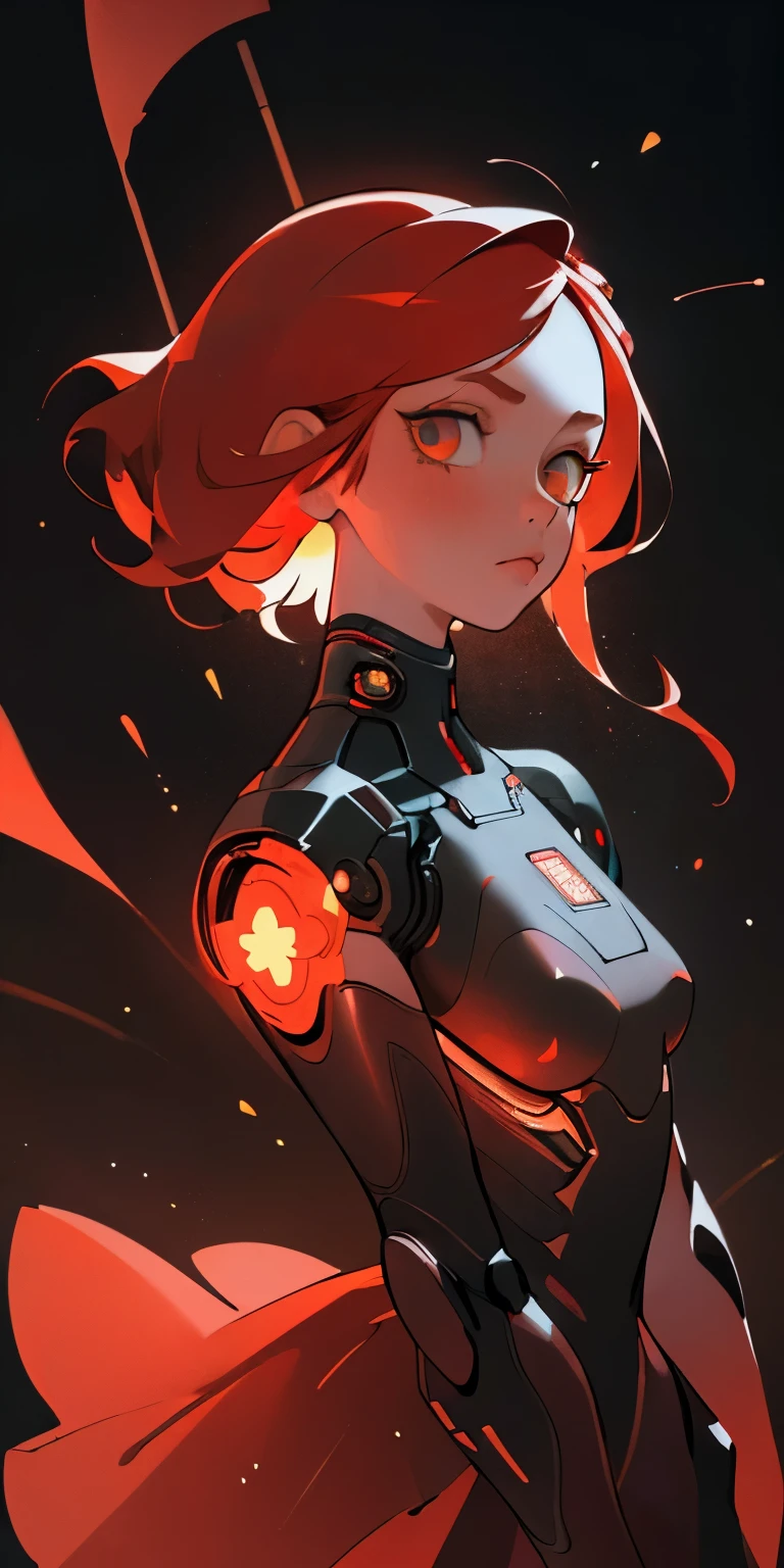 (best quality, masterpiece), 1girl, galaxy, glitter, dress, particle, wind, flower, upper body, dark simple background, looking at viewer, ginger hair, red colour scheme, cyberpunk