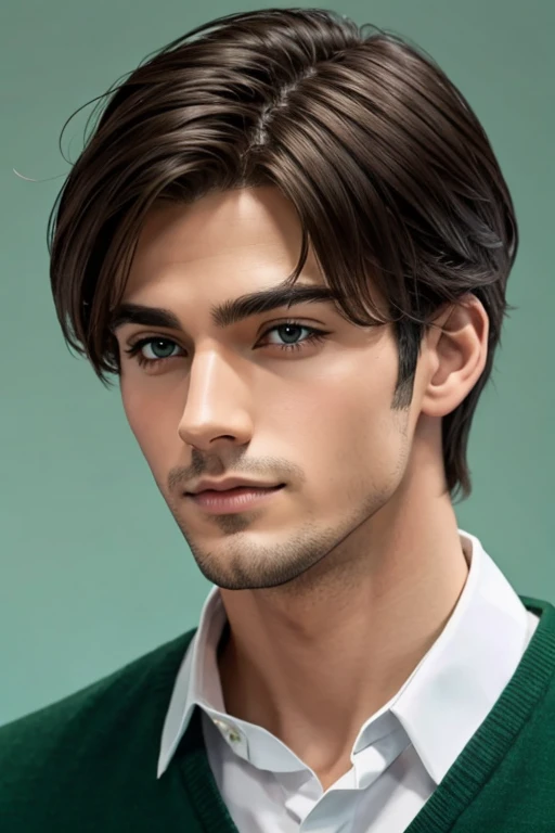 The hairstyle is parted in the center、Handsome man illustration。The background is only one color, green。