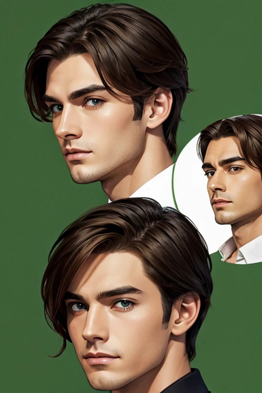 The hairstyle is parted in the center、Handsome man illustration。The background is only one color, green。
