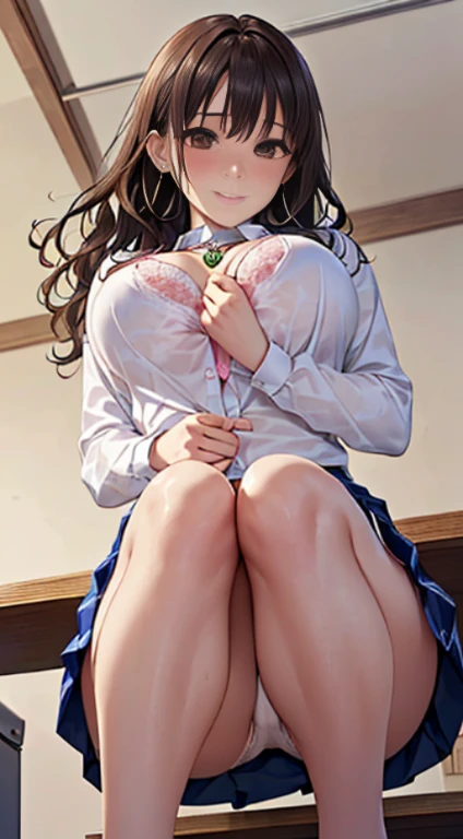 (table top, highest quality, High resolution, , perfect pixel, 4k,), 1 girl, single, alone, Beautiful woman、I could see the whole body、 ((Wavy mid-hair, bangs, brown hair)), ((brown eyes, beautiful eyelashes, realistic eyes)), ((detailed face, blush:1.2)), ((smooth texture:0.75, realistic texture:0.65, realistic:1.1, Anime CG style)), medium breasts, dynamic angle, perfect body, ((, female teacher, , earrings、necklace、white shirt with collar、Shirts without buttons、Dark blue flared skirt、black knee high stockings、(open both legs wide: 1.1)、(open both knees: 1.1)、shy smile、Sit on the floor、(You can see the white and pink lace panties and bra、、Bring your chest and arms together、(Lift up your skirt and show your panties: 1.1)、(The wind blows up my skirt)、(angle from below)、