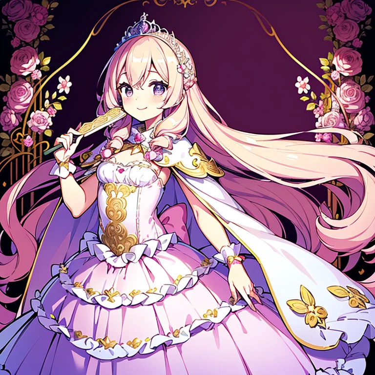 (kawaii),(best quality),(ultra detailed),(rococo style),(long train pastel pink cape:1.15), very long cape,(long train white ball gown with flower decorations:1.1), a girl is wearing a cape over her gown,(she has a western style fan:1.05), 1 little princess, tiara, smile, very long hair, small breasts, beautiful detailed eyes, beautiful detailed lips