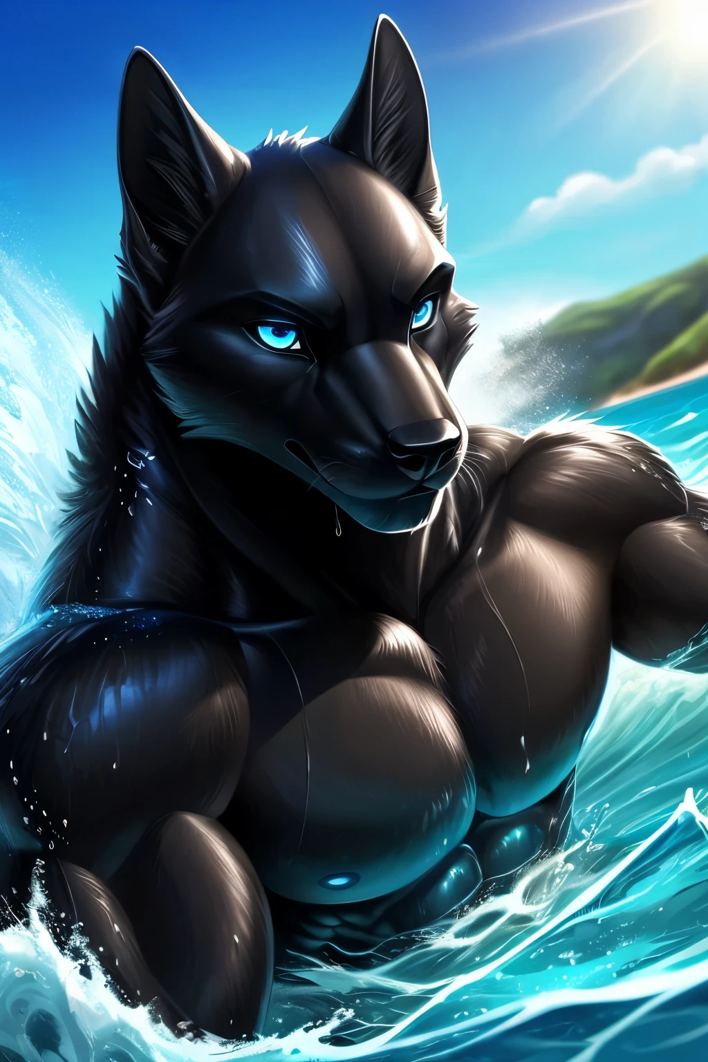 (ultra detailed), a beautiful and detailed full size portrait of a male anthro canine, black dog, ((correct anatomy)), ((captivating gaze)), close up view, wet fur, ((muscular build)), ((majestic)), detailed eyes, ((powerful swimming motion)), ((expressive features)), big body, (((sleek black fur))), sandy beach, ((crashing waves)), (((vibrant blue sea))), detailed background, ((realistic water droplets)), ((dynamic lighting)), by (((renowned artist))), trending on art platforms, (((mesmerizing))), solo, (((intense focus))), powerful stance, (((hint of determination))),