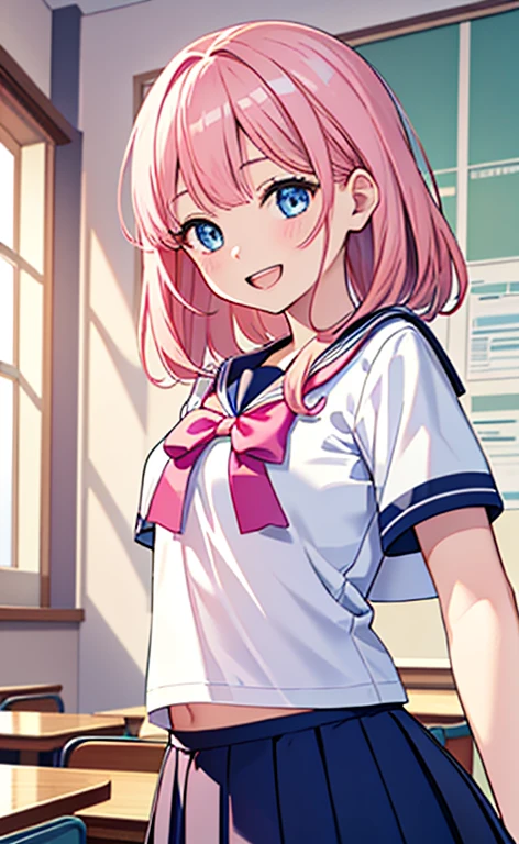 (masterpiece、top-quality、8k size wallpaper、offcial art)、(portrait,upper body)、(1girl),Open mouth happy grin,cute face,blue eyes、
,(stand),
,(sexy body),(sailor uniform,skirt),(long pink hair), (small breasts)、
、classroom,JK、