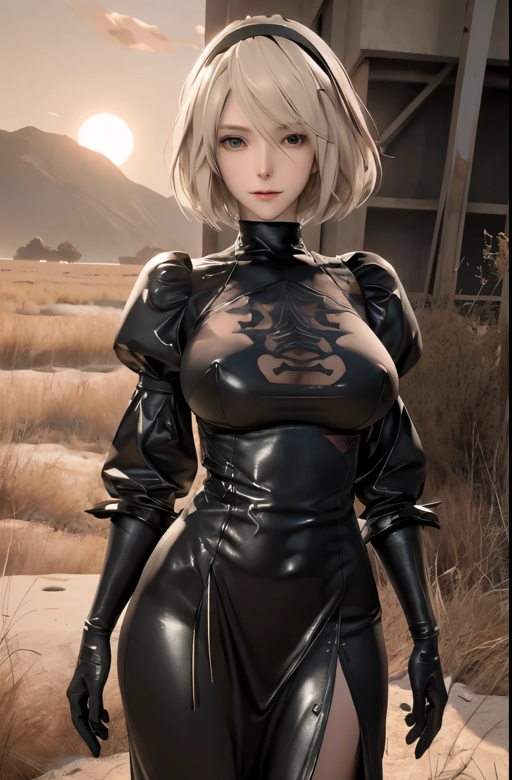 best quality, masterpiece,highly detailed,anime,1girl, adult face, mature face, mature female, mature woman, mature beauty, adult blonde, mature blonde,upper body big breasts, large breasts, perfect face,(black leather clothes),armored black dress,breasts covered by black clothes from above, pink nipples,chain,headwear,flag,standing on abandoned battlefield in background, no one around, depth of field,looking at viewer,cinematic lighting,Full scene shooting， best quality，sunset，Windy，look up to the sky，outdoor scene， white short hair，Natural landscape，rot，big breasts, Sexy long legs，（thigh gap：1.5），（Buttocks，well-muscled and toned hips）