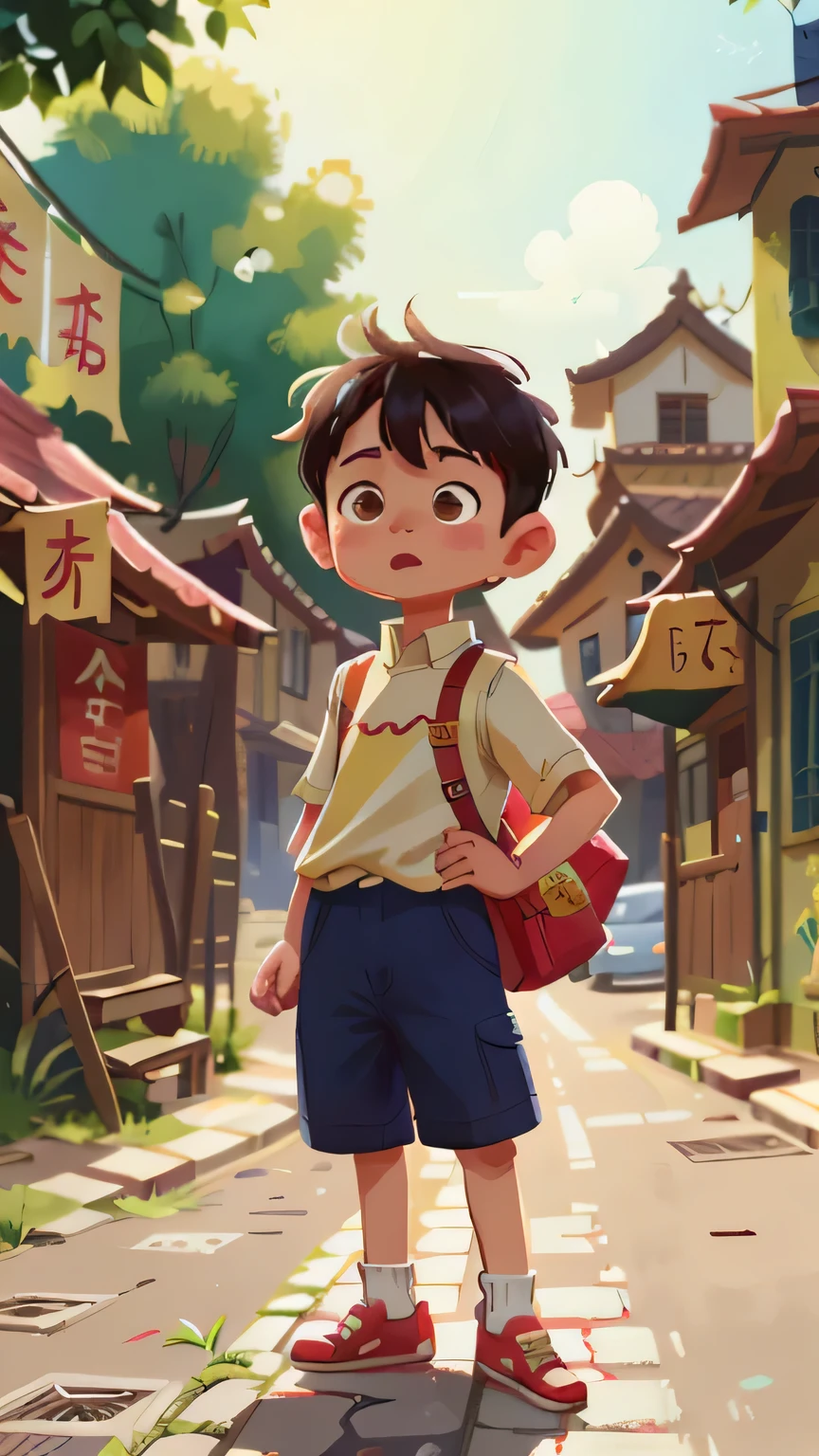 A 10-year-old boy stands in the street,daytime,Chinese style clothing, canvas shoes,Perfect quality, Clear focus,Fingers are normal (messy house: 0.8), (masterpiece: 1.2) (actual: 1.2) (Bokeh) (best quality) (Delicate skin: 1.3) (intricate details) (8K) (Eye details) (sharp focus), (happy)