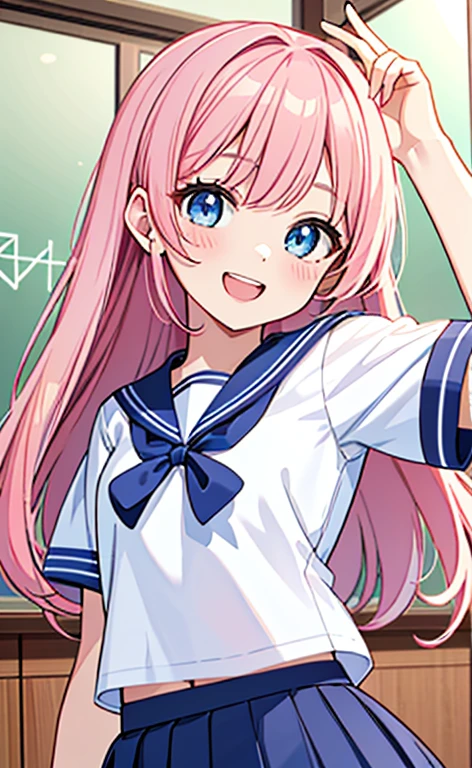 (masterpiece、top-quality、8k size wallpaper、offcial art)、(portrait,upper body)、(1girl),Open mouth happy grin,cute face,blue eyes、
,(stand),
,(sexy body),(sailor uniform,skirt),(long pink hair), (small breasts)、
、classroom,JK、