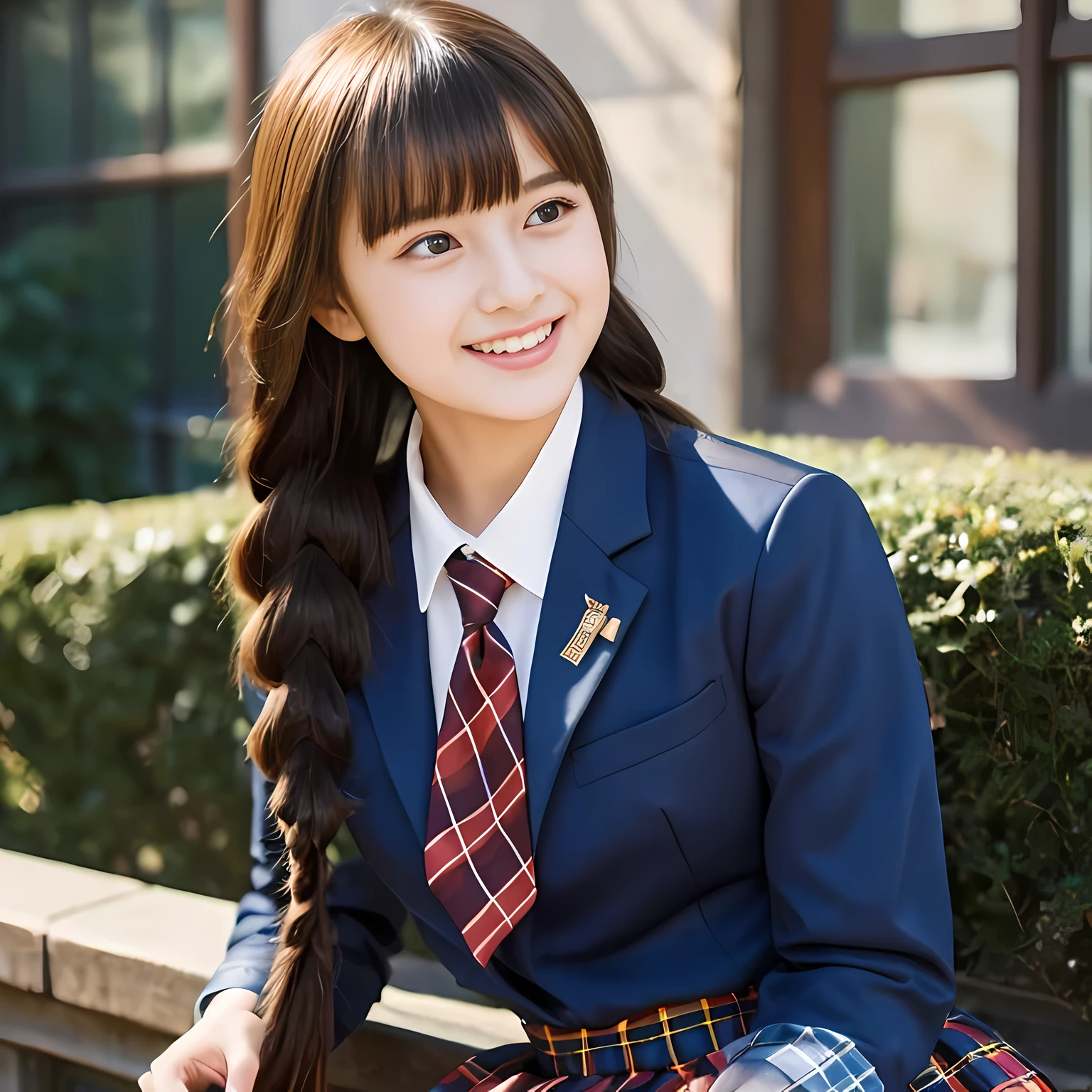 (highest quality、masterpiece:1.2)、highest quality、realistic、photograph、High resolution、1080p、8K、Pale, rough skin、The face is especially pale., physical rendering、one Japanese girl、Japanese  high school studenng、cute, 14 years old,ry detailed beautiful dark brown eyes))), ((girly large wine-red glossy polyester Japanese school ribbon bow tie)), ((((very beautiful long braids hair)))), ((((deep navy colored tartan checkered formal long pleated skirt)))), ((A formal dark blue blazer that is slightly oversized and has an emblem on the left chest.)), ((Watching the viewer and laughing)), Very fun, Very happy, mouth is open, the skirt is so cute, detailed fingers, modest chest, ((curled bangs)), so beautiful, long eyelashes, (((Touching your hair with your hands))), ((Impressive and very very very cute eyes of Japanese girls)), double eyelids, The entire skirt is photographed, Very cute face, thin sagging eyebrows, Drooping eyes, maximum smile