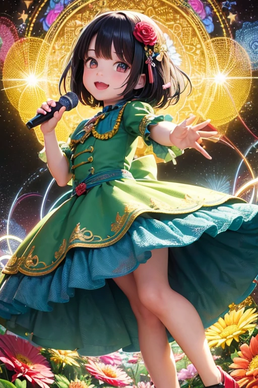 Extremely detailed,(Fractal Art:1.1),(Colorful:1.1)(Flowers:1.3)、 (Dynamic Pose), (Abstract background:1.3)、(Many colors:1.4)、Place one small doll on a circular stand、kawaii pose、A smile、A dark-haired、Chibi Doll、Stars in the eyes（kirakira）、Singing with microphone in hand、Eye Up、Laugh、Cute red shoes、Ultra Detail, radiant light、bio luminescent、Stronger bokeh effect、Taken from the side