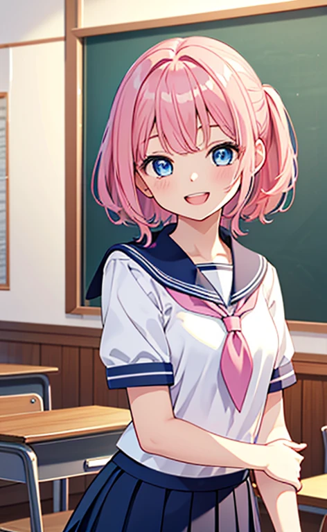 (masterpiece、top-quality、8k size wallpaper、offcial art)、(portrait,upper body)、(1girl),Open mouth happy grin,cute face,blue eyes、
,(stand),
,(sexy body),(sailor uniform,skirt),(long pink hair), (small breasts)、
、classroom,JK、