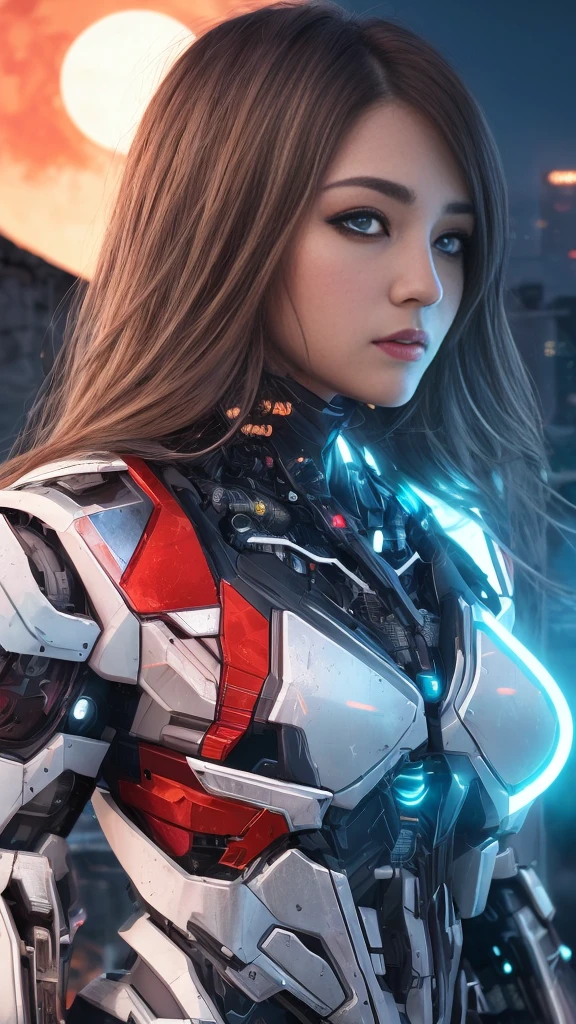 (8k, masterpiece, best quality), ultra-detailed, high quality, high resolution, beautifully detailed face, perfect face, cyberpunk girl, mecha, ruins of city, white long hair, nighttime, red moon background, red neon, busty, perfect anatomy, rain, blue eyes