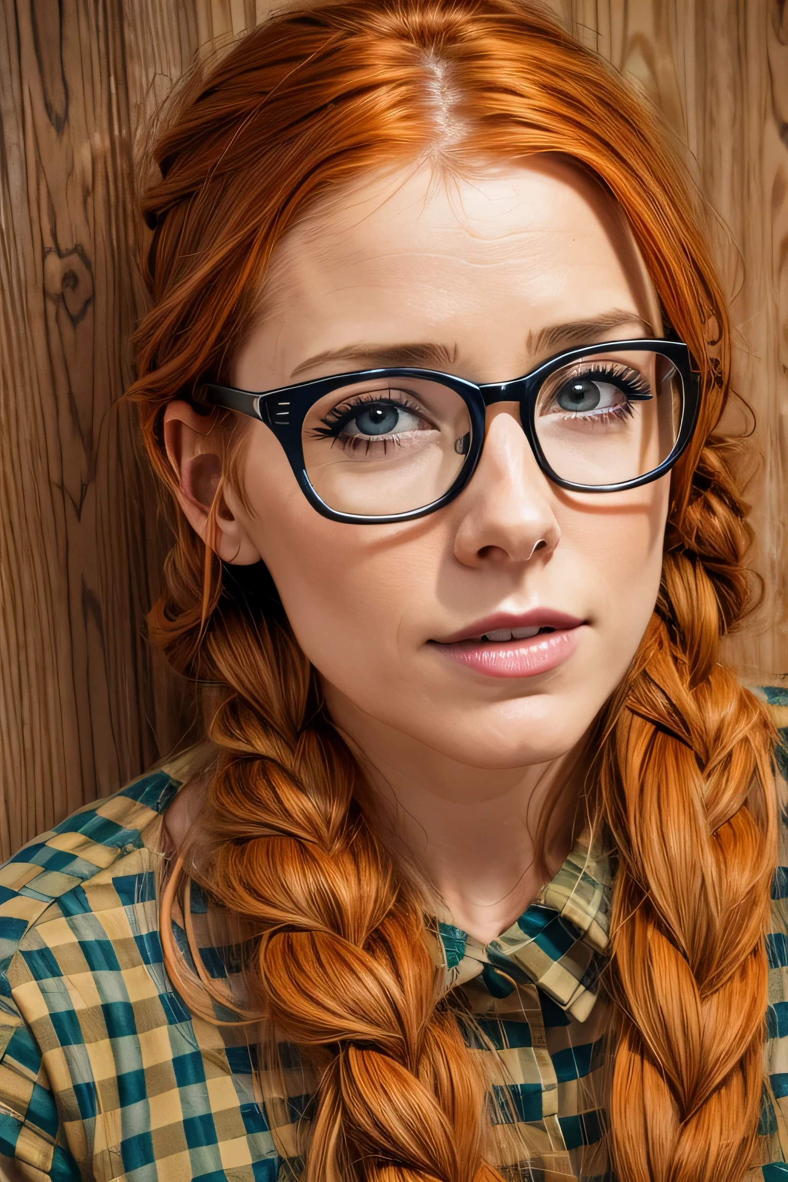 Penny pax redhead long hair braids glasses collar soft curves from above leaning in, close up, portrait, (cum on face)