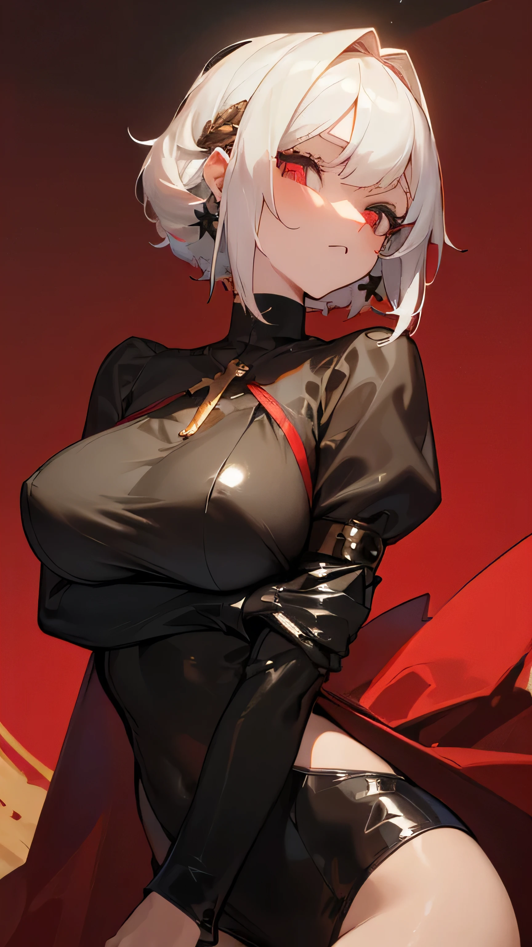 ((Best Quality, 8K, Masterpiece: 1.3)), 1girl, Beauty: 1.3, (Hairstyle Casual ,short white hair, Big Breasts: 1.2), black outfit: 1.1, Super Fine Face, Delicate red Eye color, green earings shaped like a cross, no sleeves, red cloak attached by gold round pins at the chest falling off shoulders, thigh high black latex,