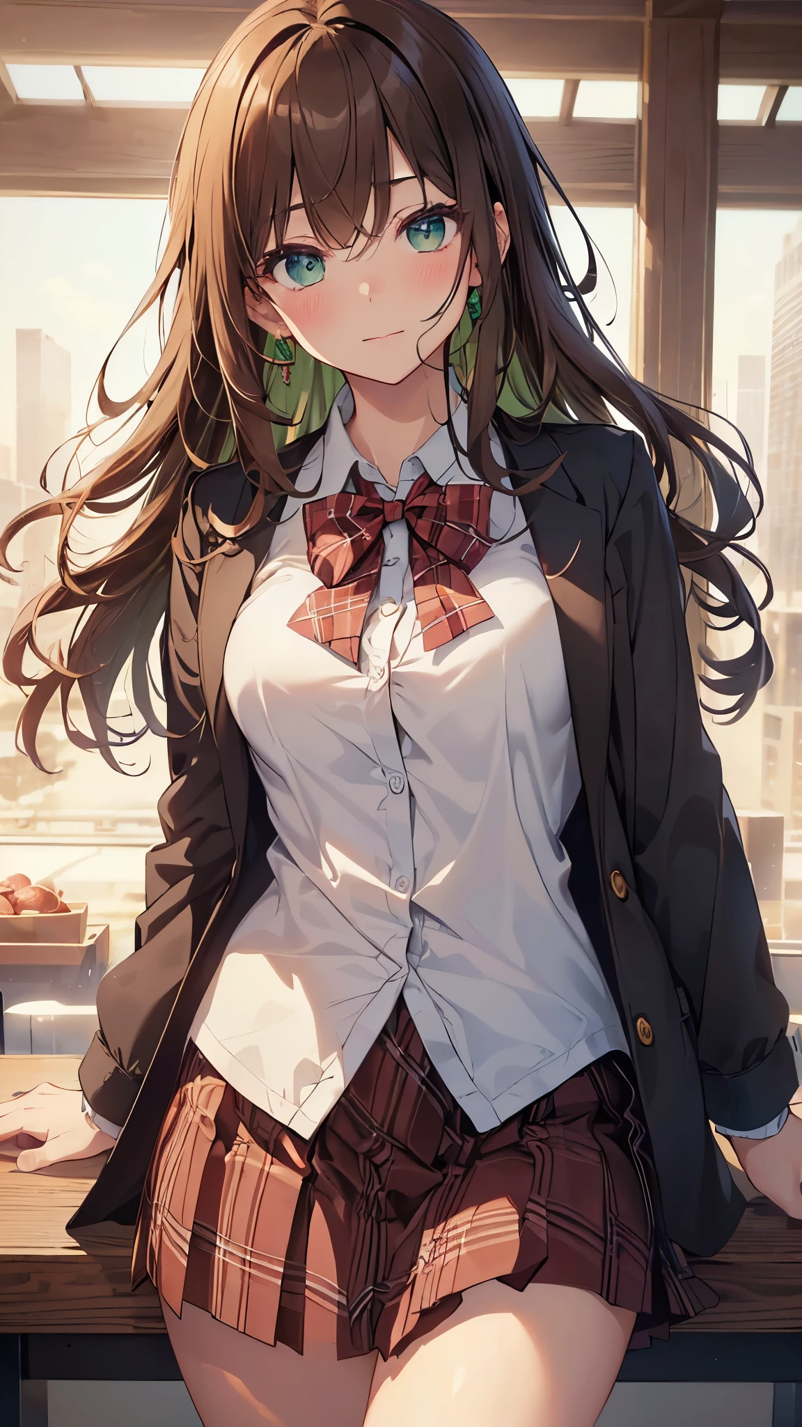 ((table top, highest quality, High resolution, nffsw, perfect pixel, Depth of the bounds written, 4k, nffsw, nffsw))), 1 girl, single, alone, beautiful anime girl, beautiful art style, anime character, ((long hair, bangs, dark brown hair, curly hair:0.8)), ((green eyes:1.4, fine eyes, beautiful eyes, perfect eyes,curled eyelashes, realistic eyes)), ((detailed face, blush:1.2)), ((smooth texture:0.75, realistic texture:0.5, Anime CG style)), medium breasts, dynamic angle, Big breasts, perfect body, dynamic pose, ((red bow tie, , black jacket, open jacket, brown cardigan, white shirt, black skirt, plaid skirt)), smile, open your mouth, turn your arms behind your back, leaning forward, Amalment Park, ((close, throw, cute, shoot in the face))