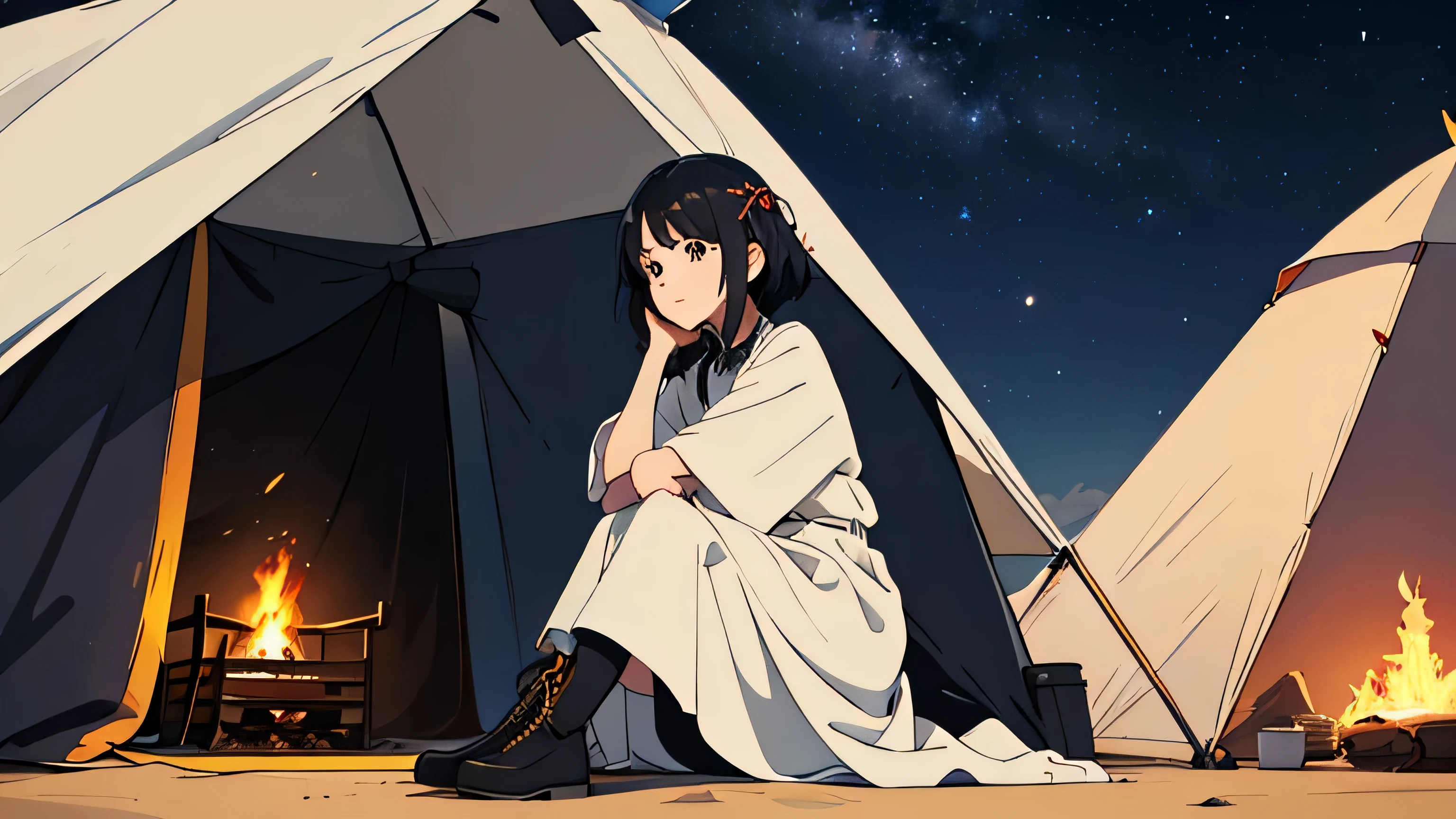 Generate an image of a girl sitting alone near a singular campfire and a single tent. She is gazing at the fire with her face tilted forward, wearing a calm expression. Her hair is short and bobbed, a shade close to black. She is dressed in a white traveler-style outfit paired with black boots. The background showcases a vast desert with a single small tent, providing a view of the desert night sky filled with twinkling stars. Her hair is gently swaying in the wind.