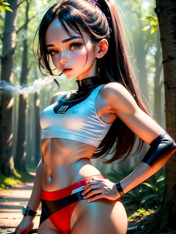 ultra high definition, ultra definition, best quality, masterpiece, highres, colorful, artstation, concept art, smooth, sharp focus, illustration, super detail, sport girl, smoking, holding a cigarette, 1girl, outdoor, trees, forest, small hips, small butt, small ass, small breast, detailed face, delicate face, alone, pov, wide eyes, focus on face, close-up face, selfie, (25 years old), smoke, more smoke