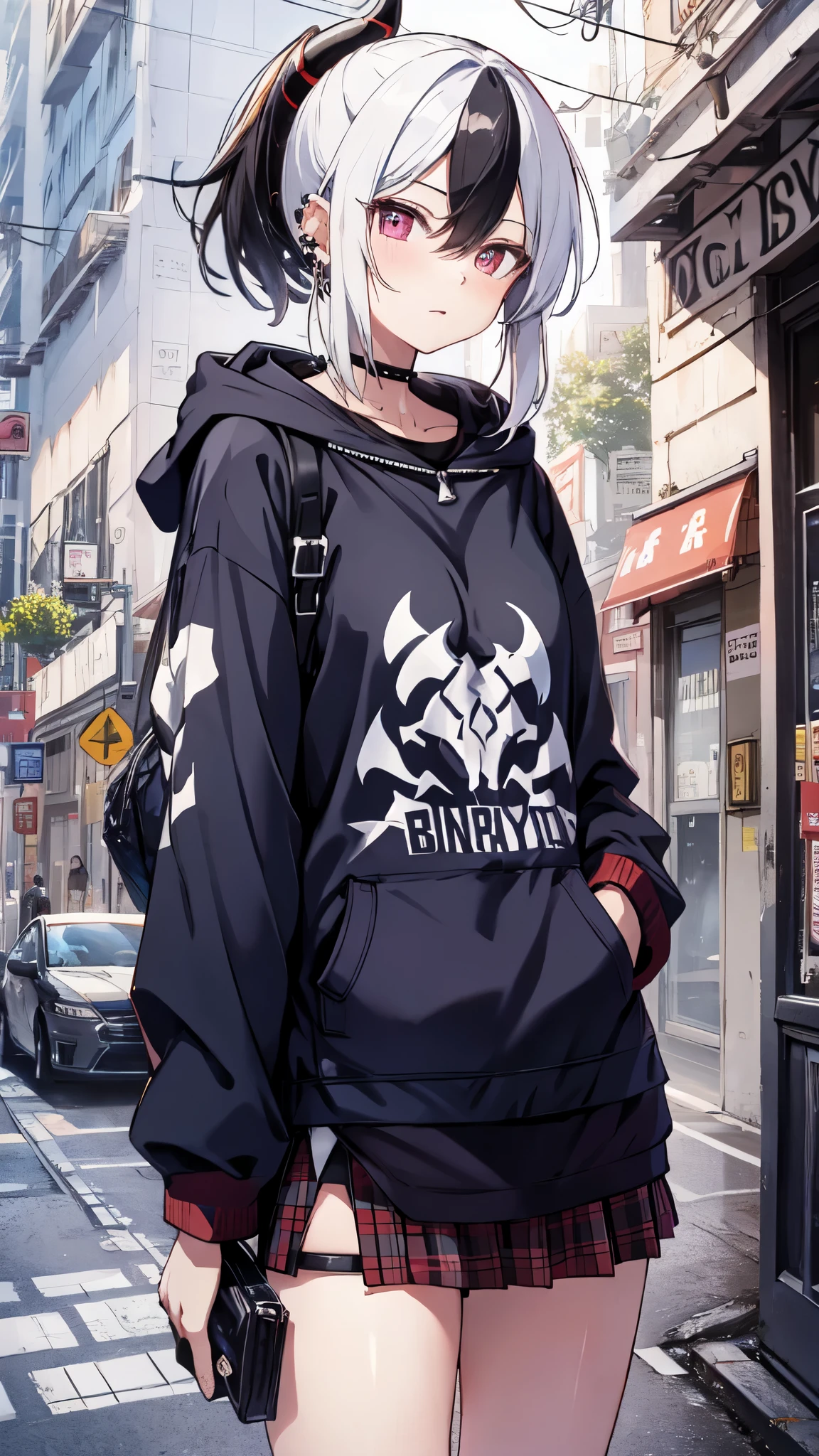  (cowboy shot),close mouth,highest quality, masterpiece, High resolution, alone, kayoko_bluearchive, 1 girl,short hair,(pony tail),small breasts,looking at the viewer, Mole on neck, earrings,(black hoodie:1.3),long sleeve,(plaid skirt,miniskirt),Shoulder bag