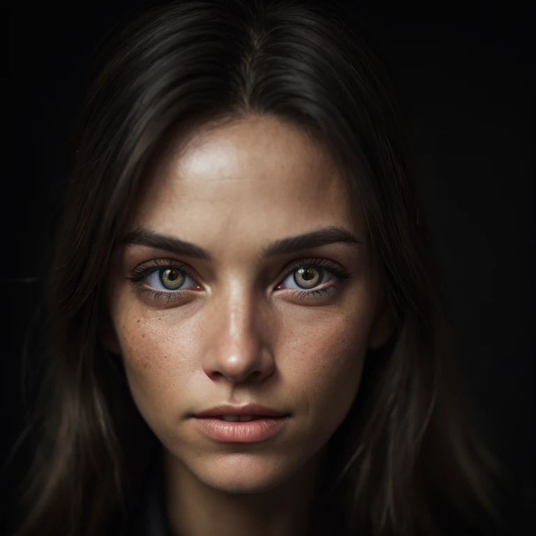 (fermer, Editorial photograph of a 21-year-old brunette woman, lancer, par Lee Jeffries, Nikon D850, photographie de pellicule ,4 Kodak Portra 400 ,f1 camera.6 lentilles ,couleurs riches ,hyper realistic ,Realistic texture, dramatic lighting , cinéstill 800,), (very detailed face:1.4), yeux bleus , realistic iris, des dents parfaites, (sourire:0.7), (background to the'interior of the'darkness, lunatique, private study:1.3) ,