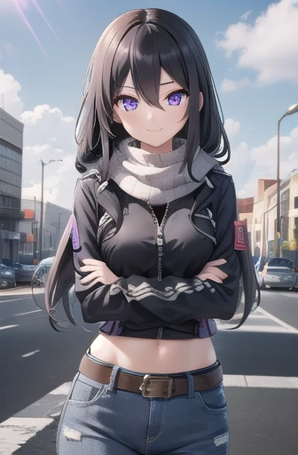 long hair, (black hair:1.3), (purple eyes:1.3), hair between eyes, cute face, smile, blush, hair drills
BREAK jeans, (zipped jacket:1.2), t-shirt, scarf, arm warmers, arms crossed, belt, midriff peek
BREAK sky, clouds, road, asphalt
BREAK looking at viewer, cowboy shot, wind, wind blowing
BREAK (masterpiece:1.2), best quality, high resolution, unity 8k wallpaper, (illustration:0.8), (beautiful detailed eyes:1.6), extremely detailed face, perfect lighting, extremely detailed CG, (perfect hands, perfect anatomy)