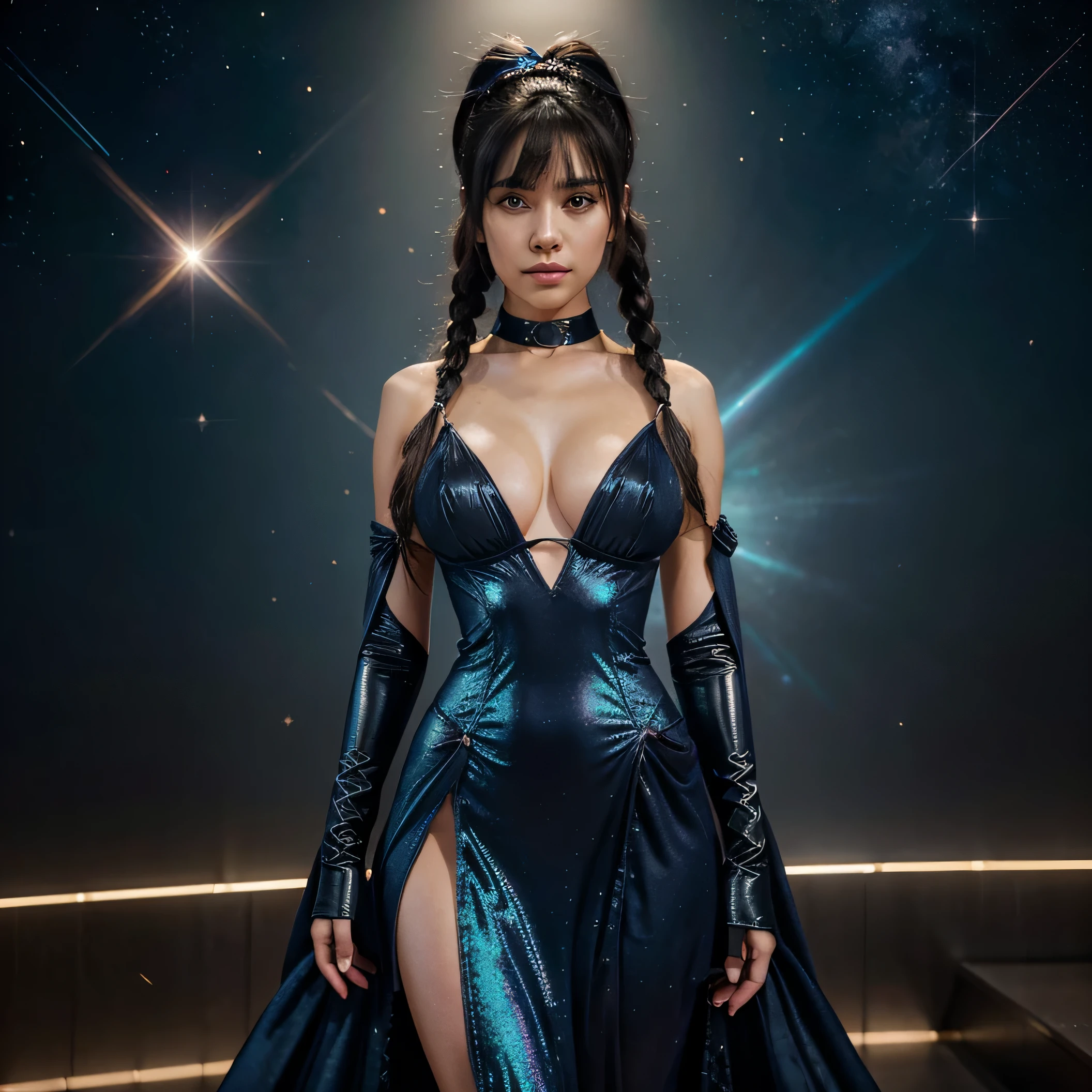 A beautiful hyperreal woman who represents Sailor Moon. Black hair, very big breasts, giant butt, tiny waist. Her face has Japanese anime features. Pigtails: she has long black hair that reaches approximately the middle of his back. Her distinctive hairstyle consists of two high, voluminous pigtails that extend up and out from the top of her head. Bows: At the base of each ponytail, she wears a large bow that keeps her hair in place. Bangs: She has short, blunt bangs that frame her face and curve to the sides. She wears an avant-garde ensemble inspired by a space-faring superheroine, embodying power and elegance in equal measure. Her dress is crafted from sleek, metallic fabric with a subtle iridescent sheen, reminiscent of the stars twinkling in the cosmos.
The form-fitting bodice features intricate paneling and strategic cutouts, accentuating her curves and evoking the sleek armor of a cosmic warrior. The plunging neckline is adorned with cosmic-inspired embellishments, sparkling like distant galaxies against the night sky.
The skirt billows out in dramatic folds, resembling the majestic sweep of a comet's tail as it streaks through the heavens. Each layer of fabric is dyed in a gradient of celestial hues, from deep indigo to shimmering silver, creating a mesmerizing visual effect as she moves.
Completing the ensemble are accessories that enhance her otherworldly aura. A shimmering cape drapes elegantly from her shoulders, trailing behind her like the tail of a shooting star. Her hair is styled in intricate braids interwoven with strands of luminous thread, framing her face with an ethereal glow.
She stands amidst a futuristic metropolis, the gleaming skyscrapers towering above her like sentinels of the cosmos. With each step, she radiates strength and grace, a beacon of hope in a universe filled with infinite possibilities