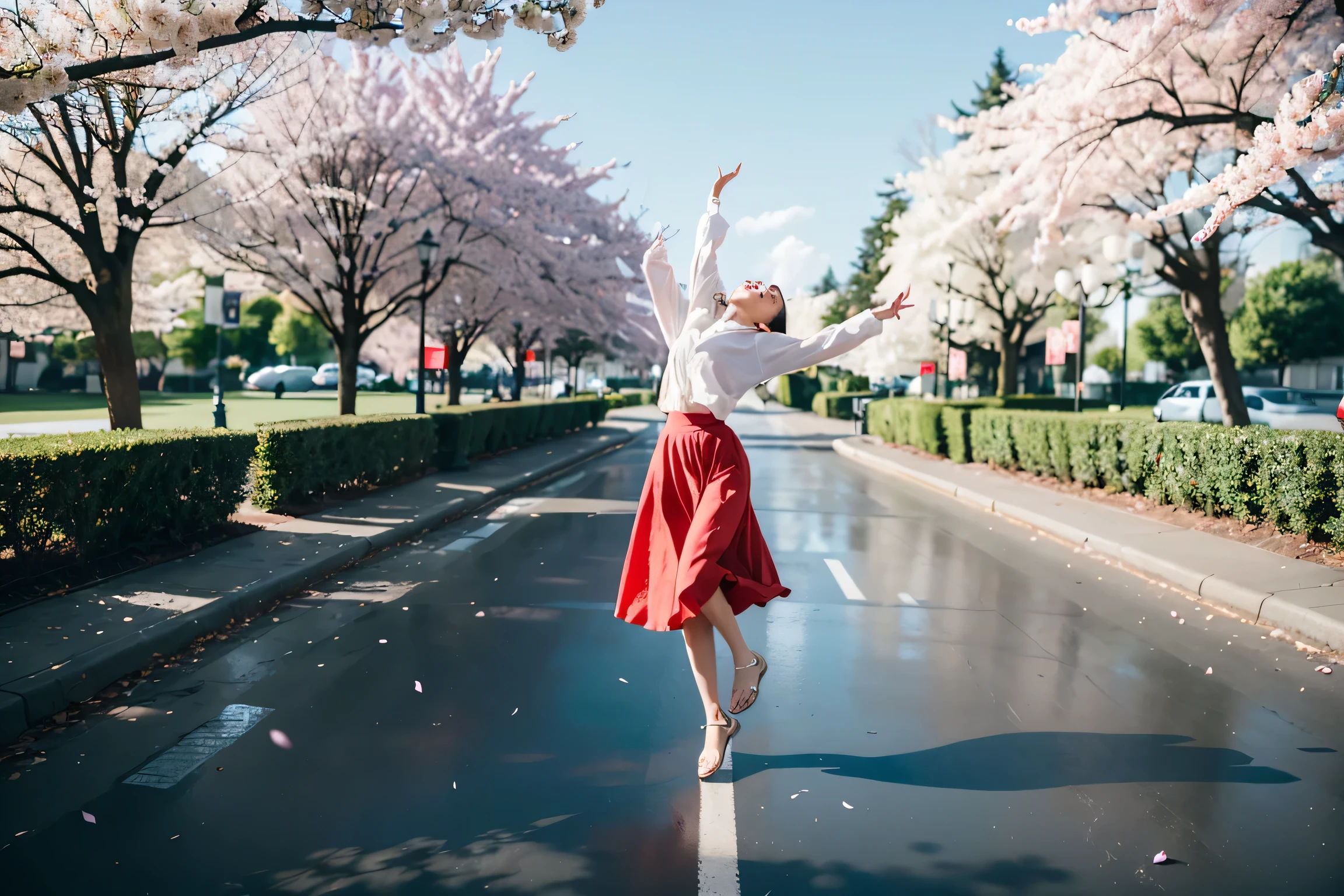 big scene,Park path,Cherry blossoms bloom on both sides,(Cherry blossoms:1.6),A little girl is dancing,whole body,The long skirt flutters,ultra high definition,masterpiece,Maia Flore