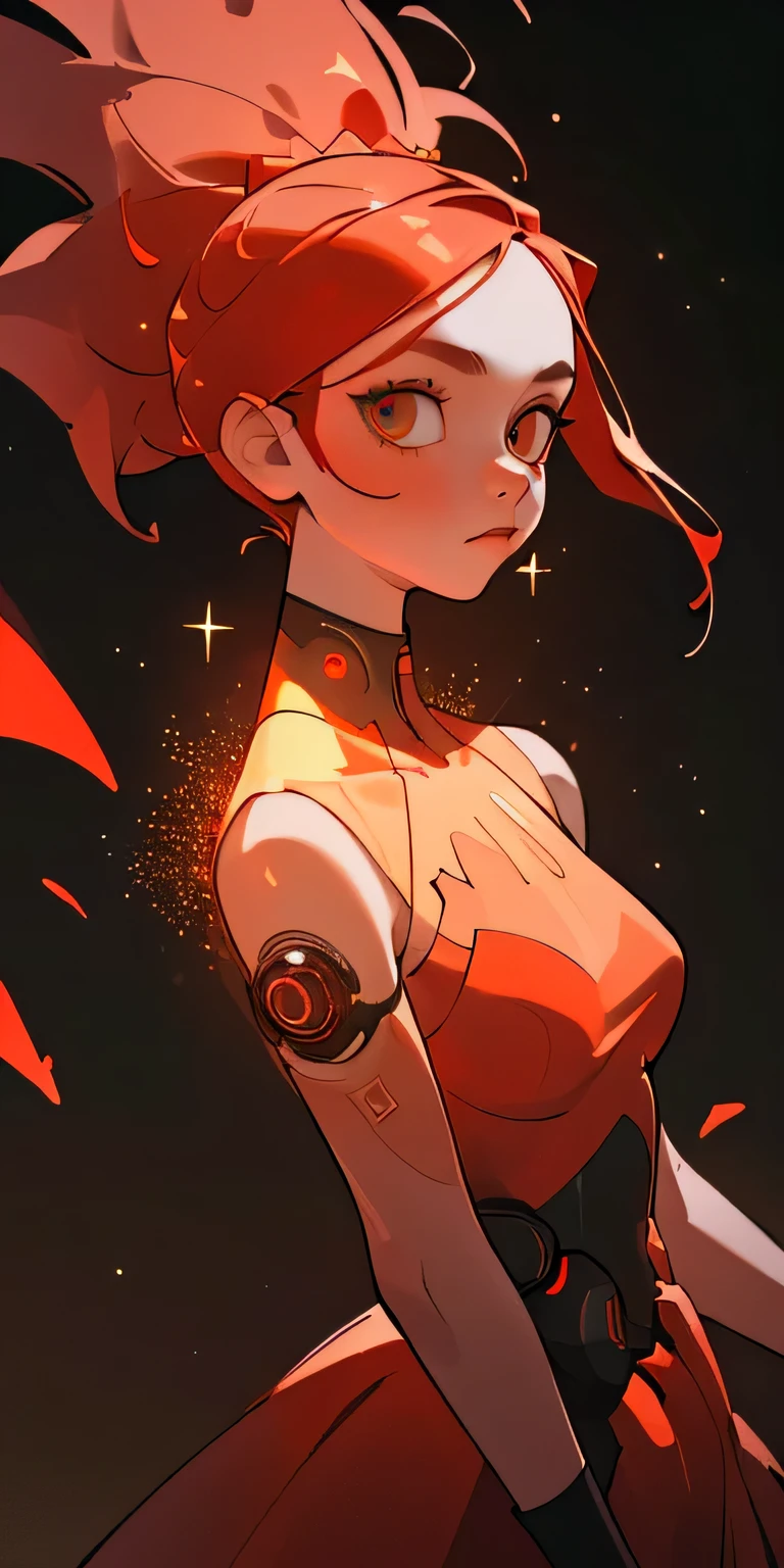 (best quality, masterpiece), 1girl, fiery, glitter, dress, particle, wind, flower, upper body, dark simple background, looking at viewer, ginger hair, red colour scheme, cyberpunk,