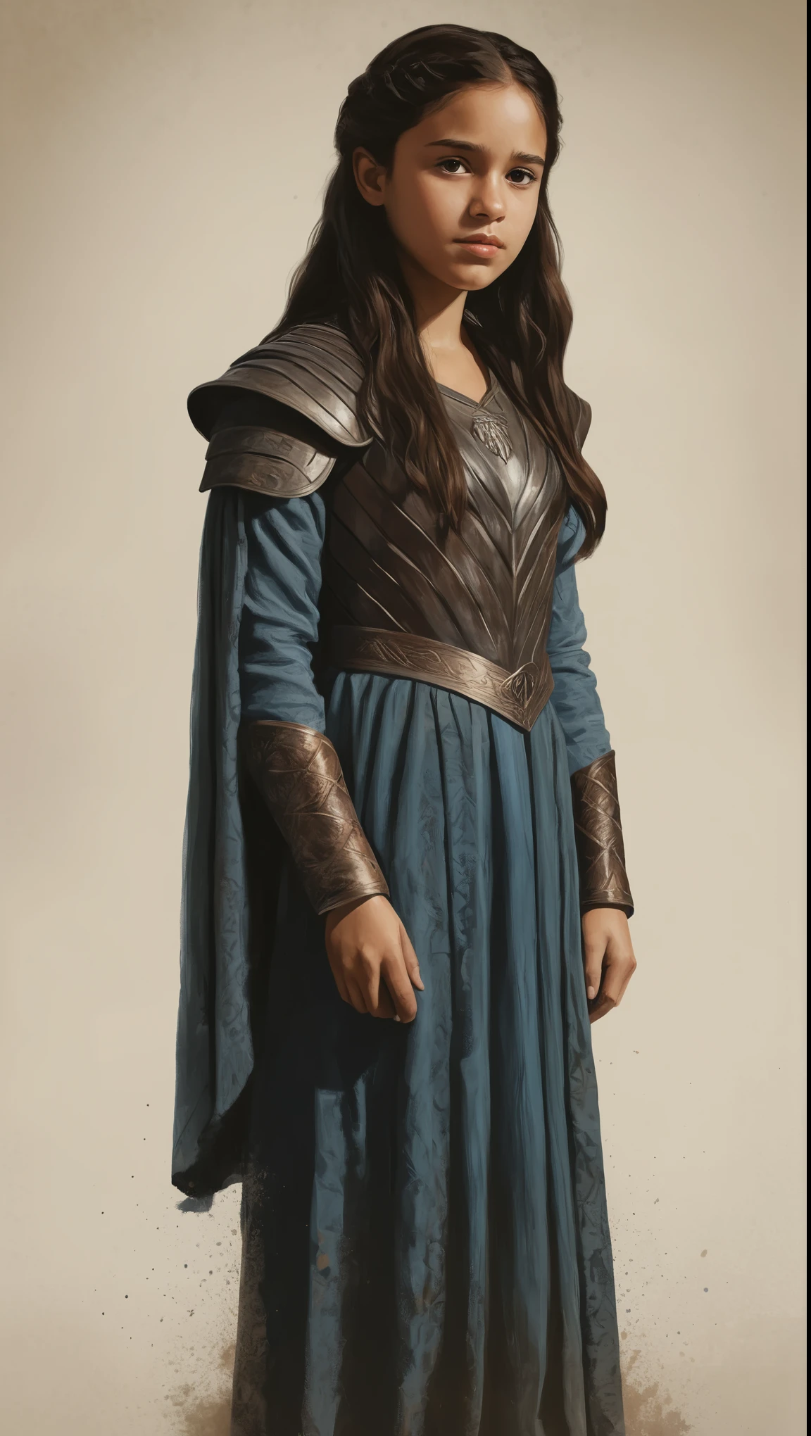 An illustrated movie poster, hand-drawn, full color, a young girl, wearing a regal chiton, warm brown complexion, dark hair, long loose hair, waist-length hair, posing on a pedestal, hard shadows, graphite shading, stencil marks, airbrushed acrylic paint, masterpiece, in the style of Game of Thrones