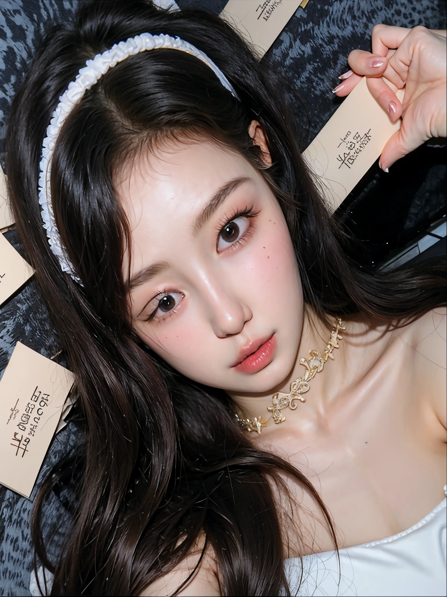 a close up of a woman with long hair wearing a headband, ulzzang, popular south korean makeup, popular korean makeup, jinyoung shin, milky white skin, porcelain white skin, dilraba dilmurat, pale snow white skin, pale porcelain white skin, wan adorable korean face, pale milky white porcelain skin, jaeyeon nam, belle delphine , New jeans danielle 