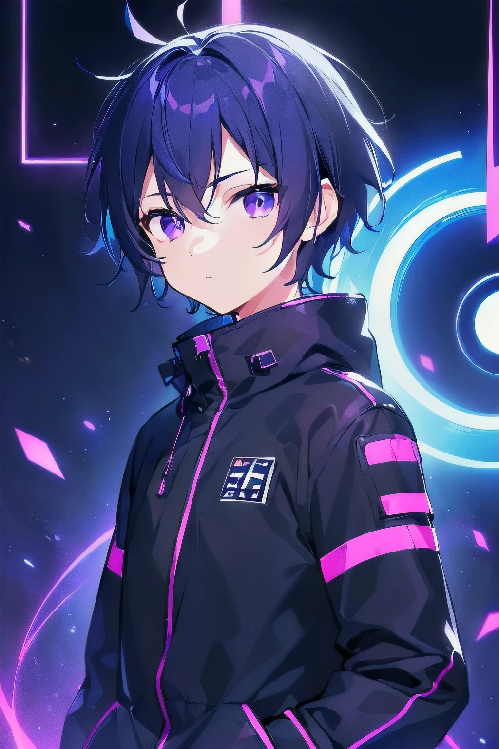 [(BLACK HOLE BACKGROUND:1.5),::5], ((((masterpiece)))), high quality, ultra_very_high_resolution, large_filesize, full color, (((solo))), (( boy)), ((deepblue color short hair)), purple eyes, anime, (upper body), neon light, black parka, (DARK SPIRAL EFFECT:1.4)