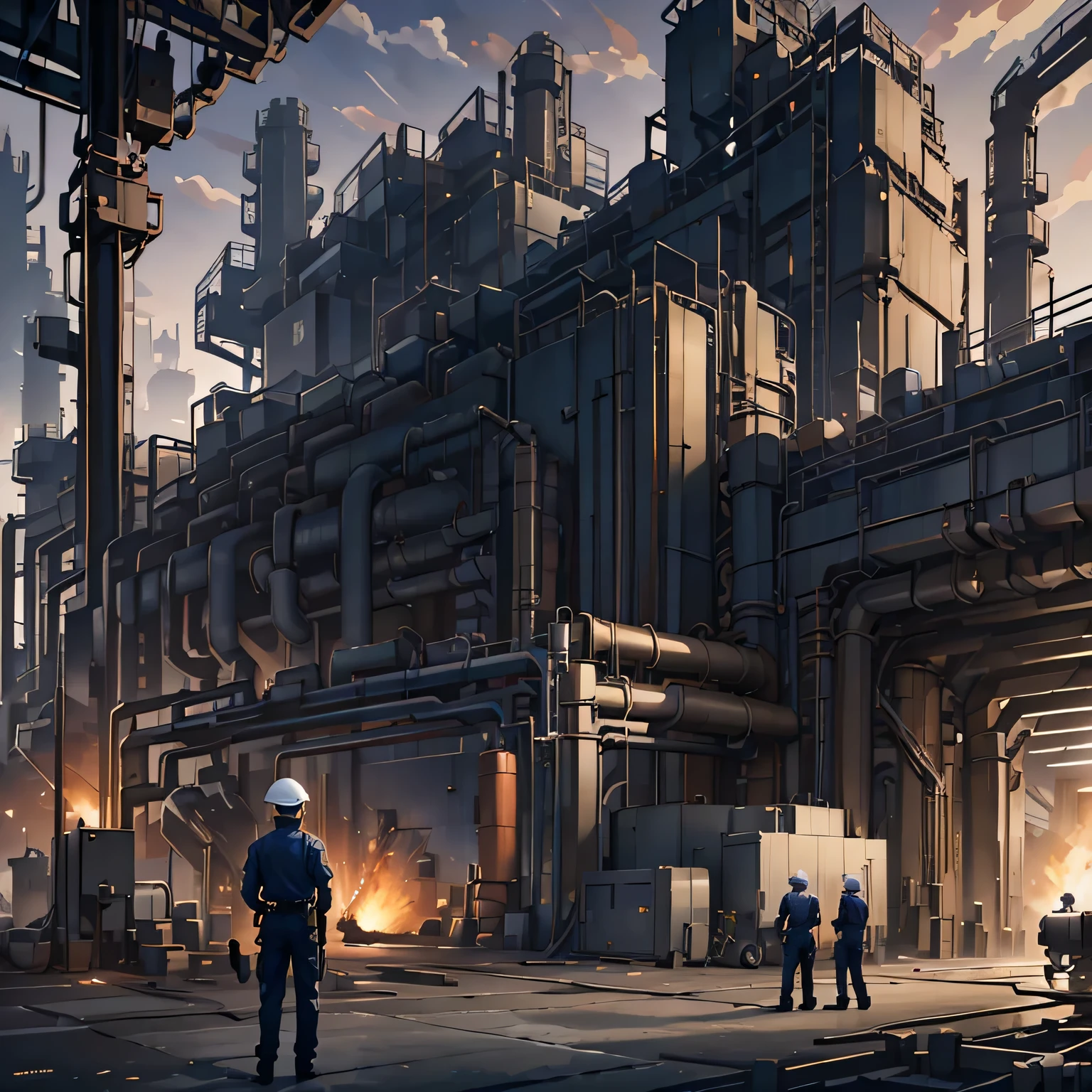 create a scene where a man, an industrial operator, is looking at an industrial hall, an industry, working hours, industrial processes, creation of products, parts, realistic theme, with technology.