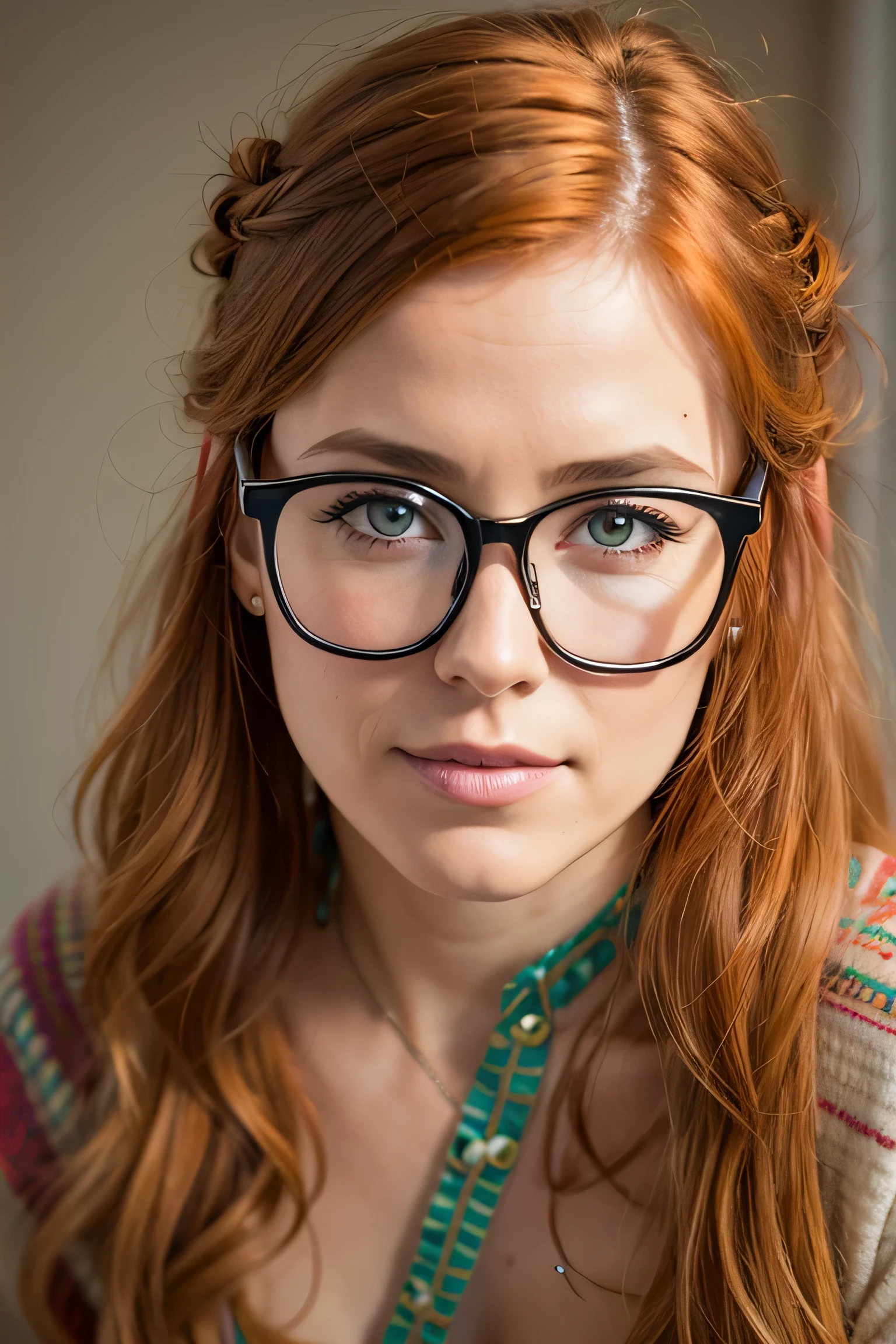 Penny pax redhead long hair braids glasses collar soft curves from above leaning in, close up, portrait, 35yo
