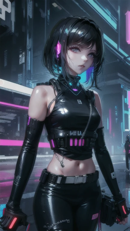 ((Best quality)), ((work-before)), (highly detailed:1.3), .. 3D, beautiful (cyberpunk:1.3) , Stylish woman looking at camera, black pants, black t-shirt