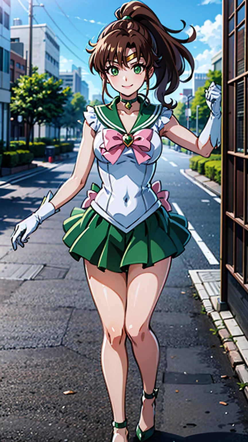best quality, masterpiece, sailor_jupiter, brown ponytail, green eyes, pink bow, white gloves, choker, circlet, green skirt, looking at viewer, smiling, medium shot, (microskirt)
standing, outside, city, street, blue sky, extreme detail, hdr, beautiful quality, 
