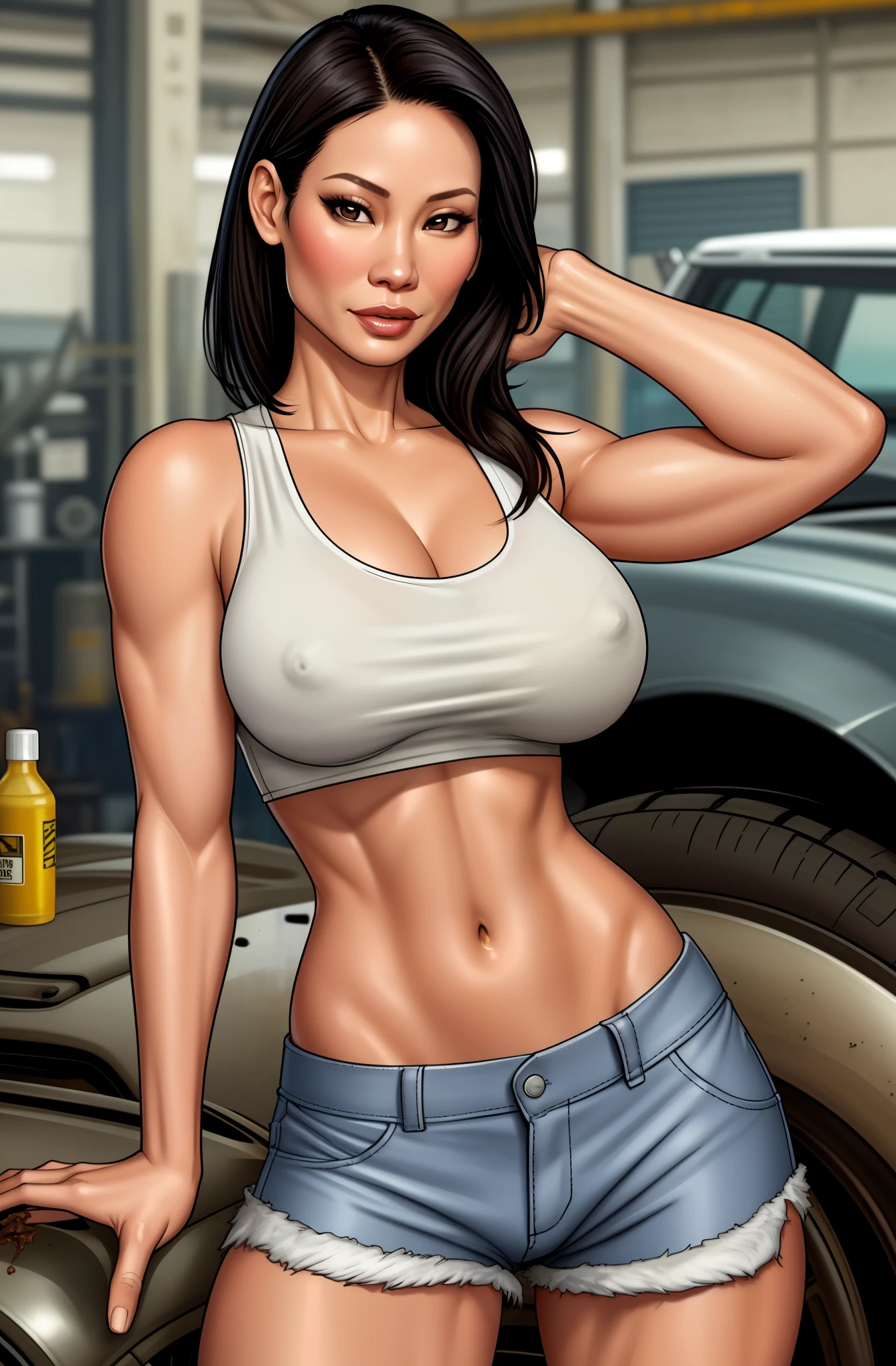 Lucy Liu wearing a dirty white t-shirt and mini shorts, mechanic, oil, midriff, underboob, tank top