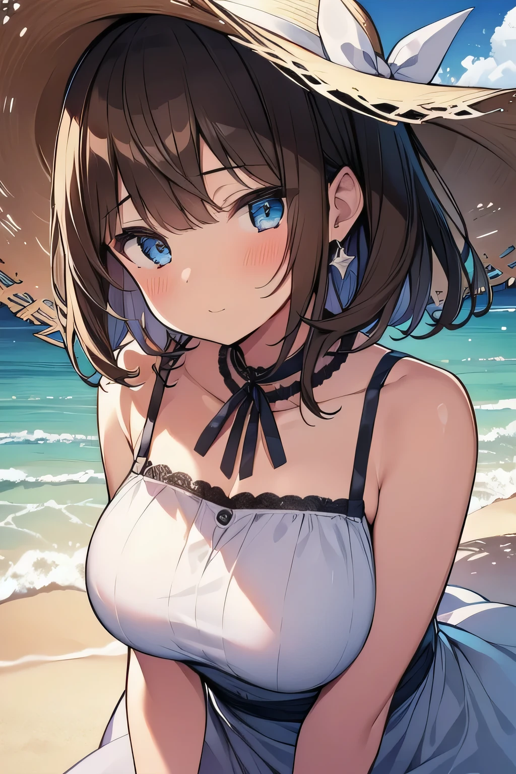 (best quality), (Super detailed), (Best Illustration), (detailed eyes), (1girl), upper body, look at viewer, straw hat, (sundress:1.2), (very large breasts:1.2), curvy body, blush, brown hair, (bob cut), curly hair, hairs between eyes, twinkle(in the eyes), blue eyes, (beach:1.3), wind