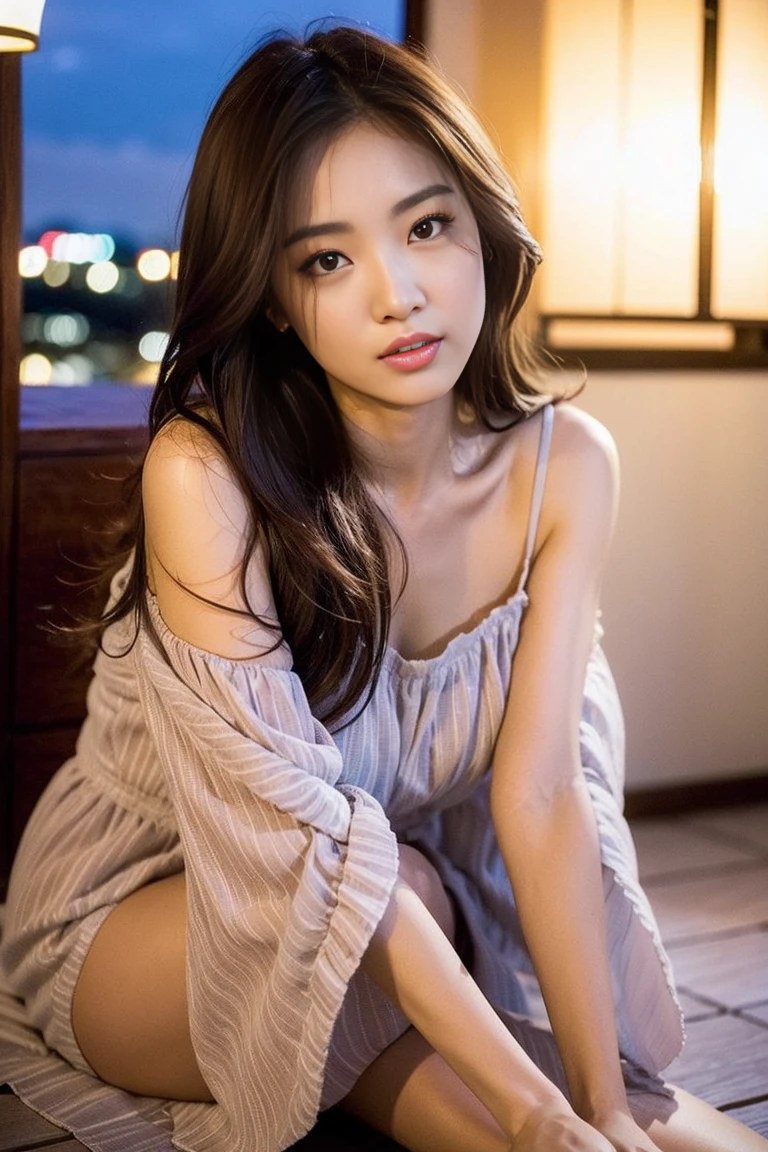 dark brown hair、light brown eyes、Japanese actress face、 lady、I'Iは彼とIが好きです'I'Iは40歳くらいです.、(intricate details:1.2)、(which one is the top?:1.4)、 (ultra high resolution:1.2)、ultra high resolution、(finely tuned)、(detailed facial features)、nffsw、8K resolution、D cup size breasts、long hair、rooftop bar、night view、luxurious space、relax、、,full body photo、head to toe shot、beautiful feet、camisole dress、beautiful feet、she, center of fashion, extreme details, very detailed, realistic, hourglass body, obscene pose,、、I cry a lot、tears、diagonally from below、raise your chin、put your butt against the wall、relaxした表情、Pose of Weakness、(auraroid photo:1.2)、from outside the window、A masterpiece of transparent painting、8K、32k、highest quality、(Details of both eyes)、1 girl、elegant、(loose dress :1.4)、night view。(Low - Angle、見上げてIを見ている:1.2)、Hilarious、look at the camera、