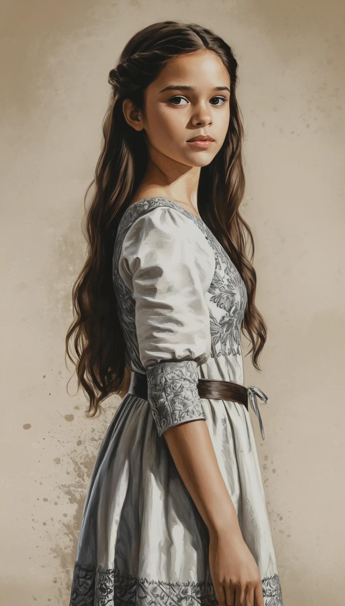 An illustrated movie poster, hand-drawn, full color, a young girl, wearing a white chiton, resembles Mathilde Lando, warm brown complexion, dark hair, long loose hair, waist-length hair, posing on a pedestal, hard shadows, graphite shading, stencil marks, airbrushed acrylic paint, masterpiece, in the style of Game of Thrones