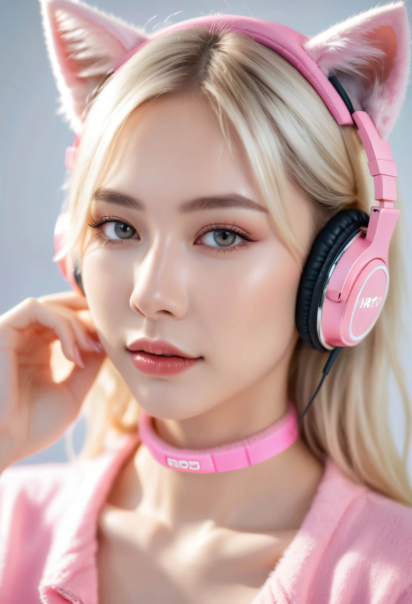 Cheerful beautiful cute blonde girl in pink headphones with cat ears, highlighter, Ivory, gloss, glare background, holding hands on headphones with closed eyes, choker, close-up of the neckline, 600dpi, HDR+, 124k, ultra-realistic, professional photo, Ultra detail, cinematic