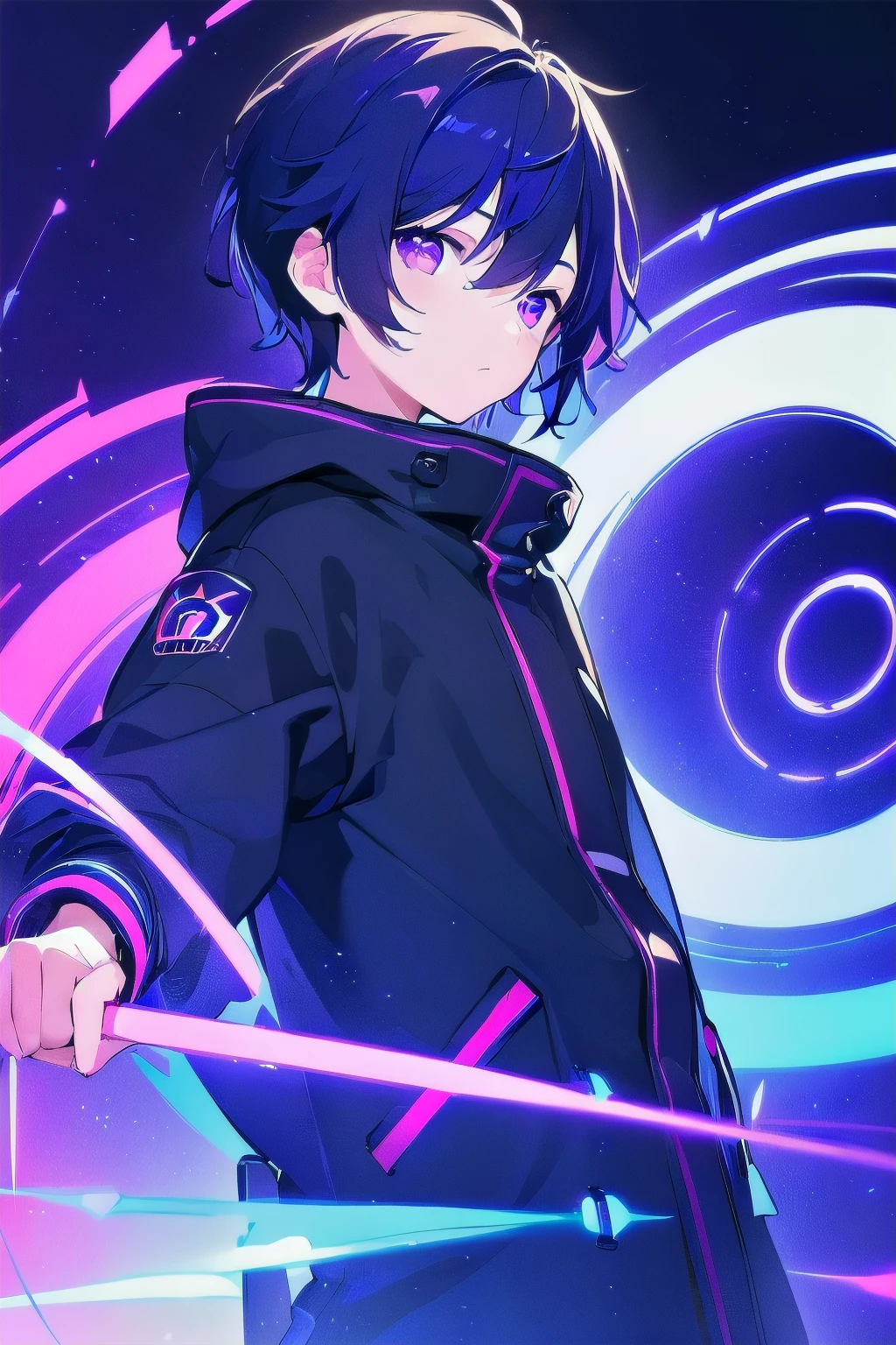 [(UNDER GAlAXY BACKGROUND:1.5),::5], ((((masterpiece)))), high quality, ultra_very_high_resolution, large_filesize, full color, (((solo))), ((little boy)), ((deepblue color short hair)), purple eyes, anime, (upper body), neon light, black parka, (DARK SPIRAL EFFECT:1.4)