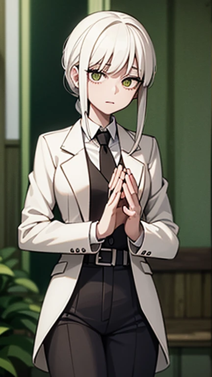 Masterpiece, Best quality, High accuracy, 1girl, Single, Kocho Shinobu, Light green eyes with Sharingan , White hair, long hair , Parted bangs, Black pants, Black jacket, long sleeves, belt, Cowboy shot, forest, a night, Qamar