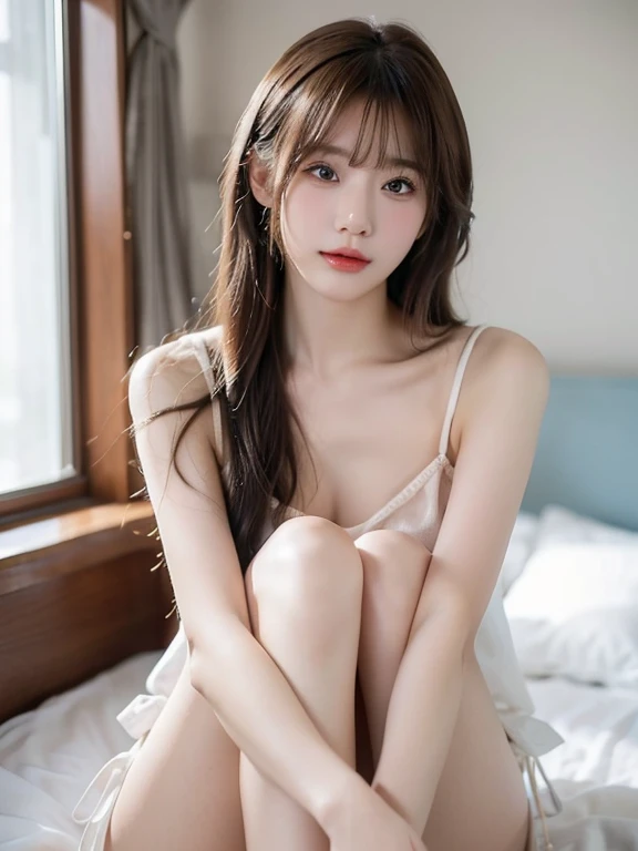 bright表情、photorealism、highest quality、超A high resolution、photograph、最も美しい北欧の女の子のphotograph、cute and beautiful face details、small face、(lie in bed_V1:0.008)、美しいbangs、alice in wonderland、18-year-old、radiant white skin、hair gets tangled in face、顔まで伸びるbangs、bangs、hair between eyes、super long hair、charming brown silky hair、bright, Clear light blue eyes shine charmingly、(bikini)、double eyelid、Medium chest、sexy pose、thin、(too much exposure)、(Nogizaka idol face)、(((sit with one&#39;s knees)))、（（（Show off your inner thighs）））