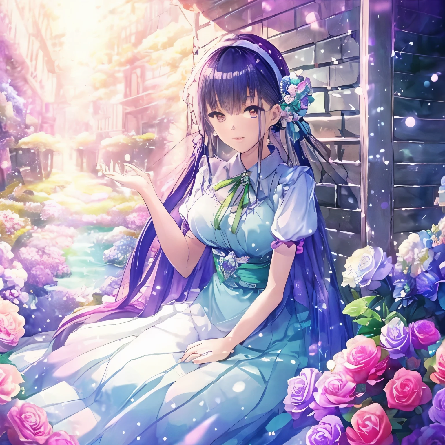 (high quality, 8K), (soft light), Rainbow-colored, one girl, detailed face, fine eyes, watercolor paiting,  so magical and dreamy, dreamy and detailed, dreamy atmosphereとドラマ, gorgeous atmosphere, Fantastic and beautiful lighting, dreamy atmosphere, beautiful atmosphere, dreamy romantic, Fantastic and dreamy theme, magical atmosphere, beautiful atmosphere, anime background art, magical atmosphere + table top, dreamy aesthetics, Beautiful details with atmosphere, lots of flowers, bubble, water, flower garden, sitting on the ground, shining eyes