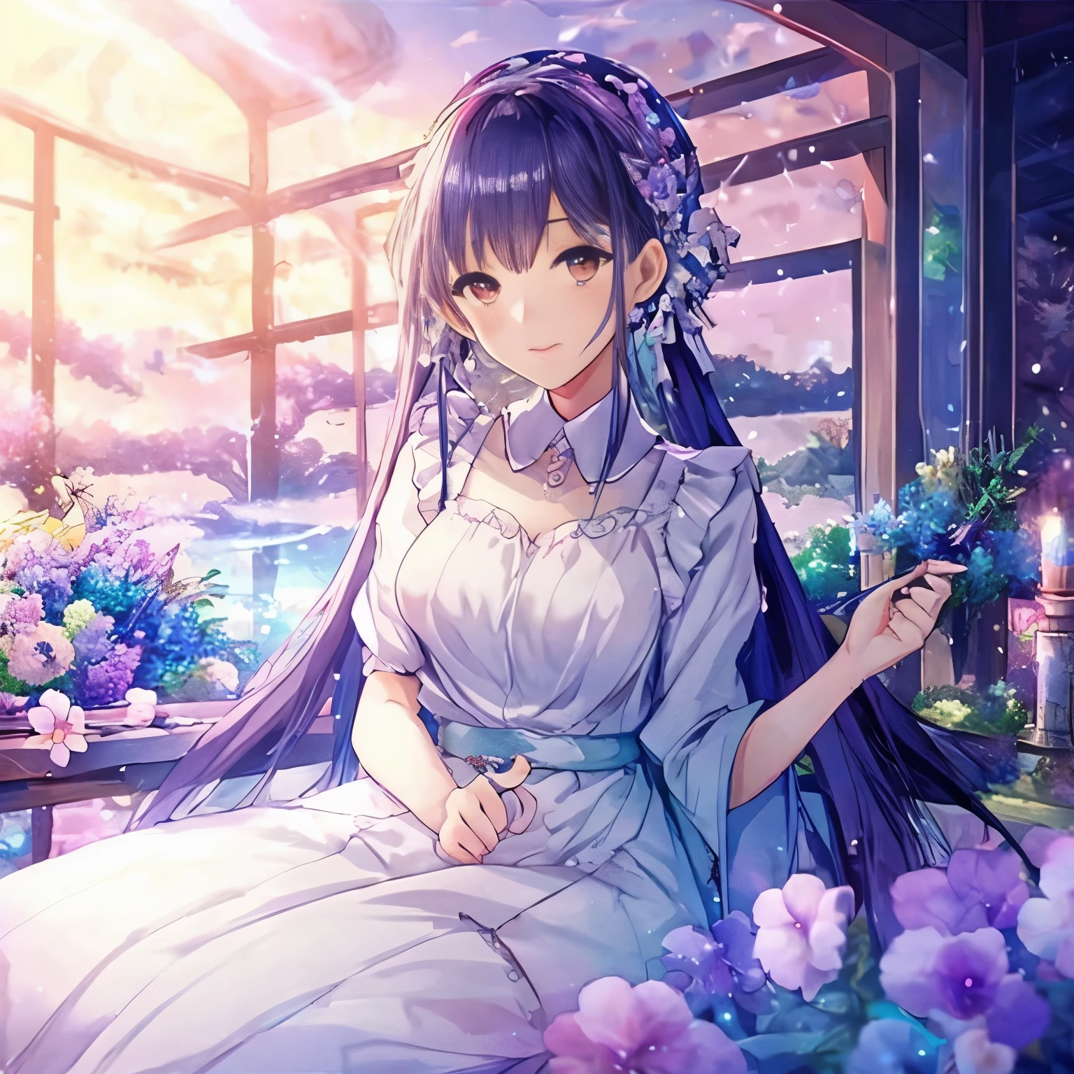 (high quality, 8K), (soft light), Rainbow-colored, one girl, detailed face, fine eyes, watercolor paiting,  so magical and dreamy, dreamy and detailed, dreamy atmosphereとドラマ, gorgeous atmosphere, Fantastic and beautiful lighting, dreamy atmosphere, beautiful atmosphere, dreamy romantic, Fantastic and dreamy theme, magical atmosphere, beautiful atmosphere, anime background art, magical atmosphere + table top, dreamy aesthetics, Beautiful details with atmosphere, lots of flowers, bubble, water, flower garden, sitting on the ground, shining eyes