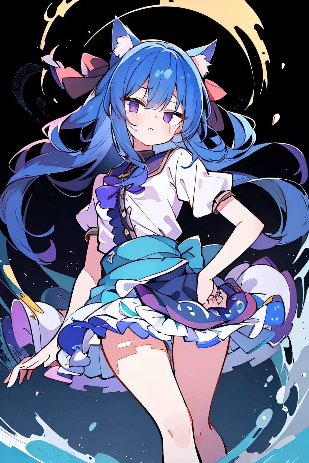 (masterpiece),best quality, expressive eyes, perfect face, 1girl,
 Put your hands on your waist,fair, Gorgeous,Japanese cartoons,girl,lola,Hina Angel, blue hair, blue haired, floating clothes,Grab your waist, Grab your waist, hands on hips , hands on hips,sit, sit on ground, Legs on the ground, flat chest,cat ears,