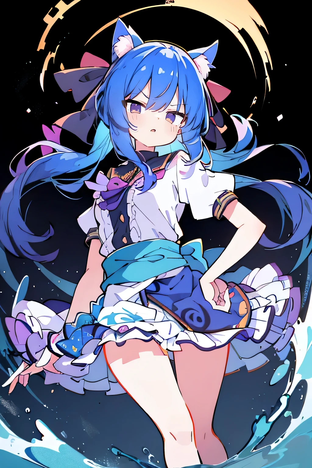 (masterpiece),best quality, expressive eyes, perfect face, 1girl,
Put your hands on your waist,fair, Gorgeous,Japanese cartoons,girl,lola,Hina Angel, blue hair, blue haired, floating clothes,Grab your waist, Grab your waist, hands on hips , hands on hips,sit, sit on ground, Legs on the ground, flat chest,cat ears,