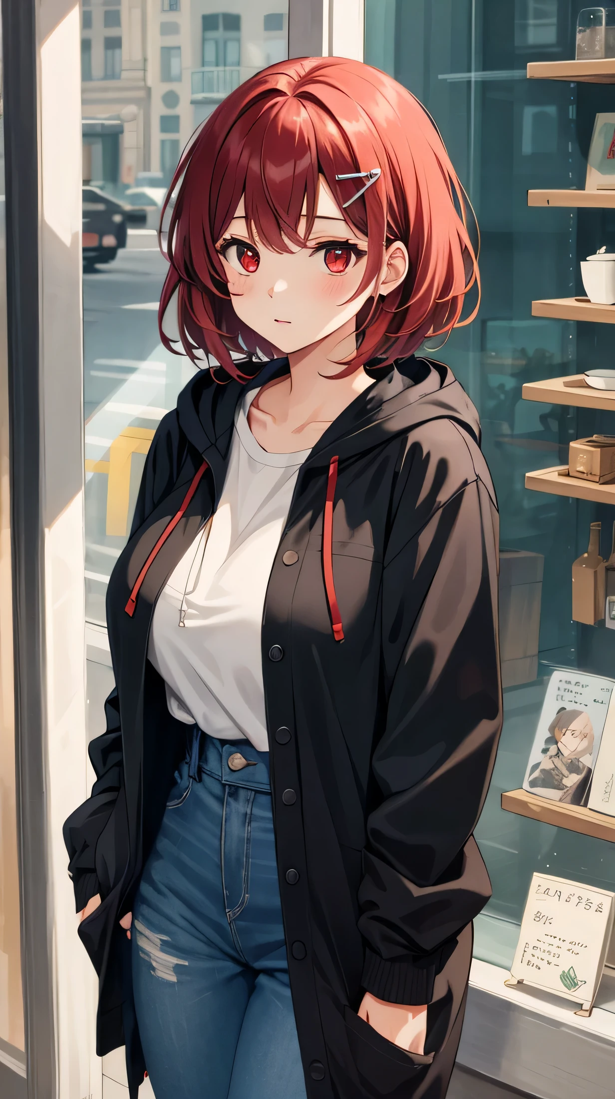 cute,cute,
1 girl, alone,
cranberry hair, pixie cut, bangs, hair ornaments,
red eyes,,
Close a view, from a pigeon,
Severe,
Oversized cardigan with patch pockets and hood,
big breasts,
BREAK The background is a cafe,Gemini,